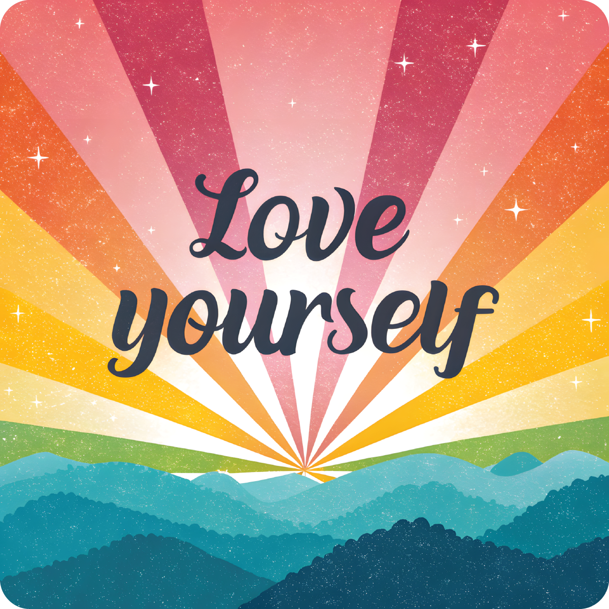 "Love yourself" text over a colorful sunrise and mountain landscape.