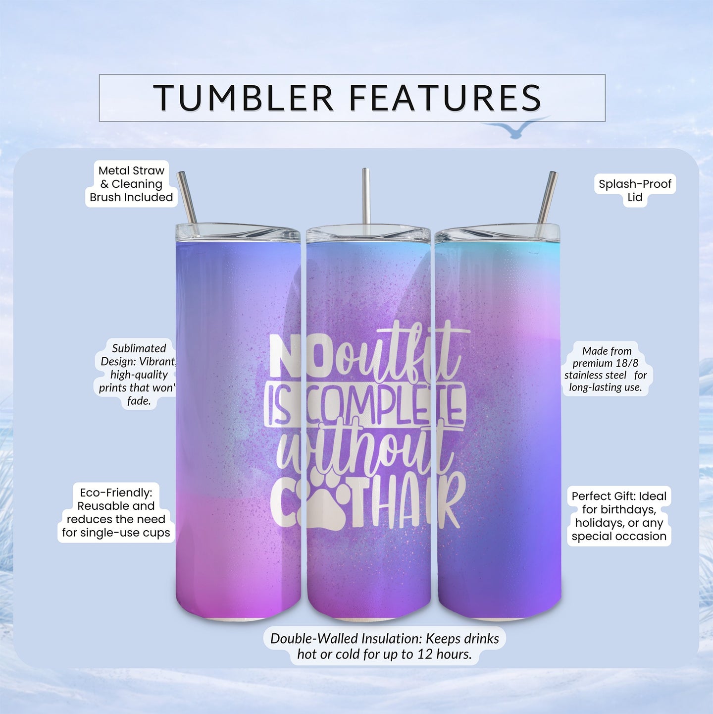 Tumbler with "No outfit is complete without hair" text and product features listed.