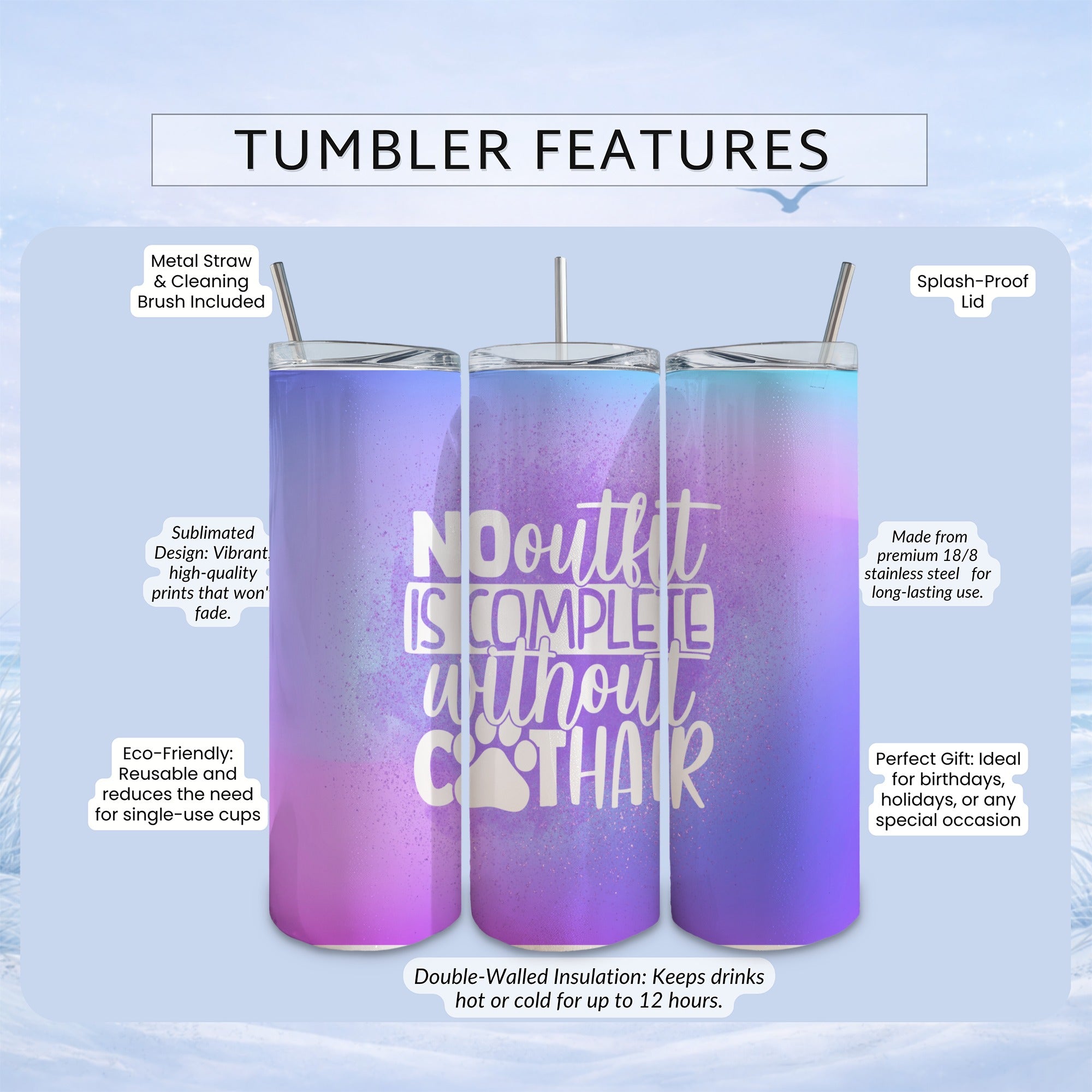 Tumbler with "No outfit is complete without hair" text and product features listed.