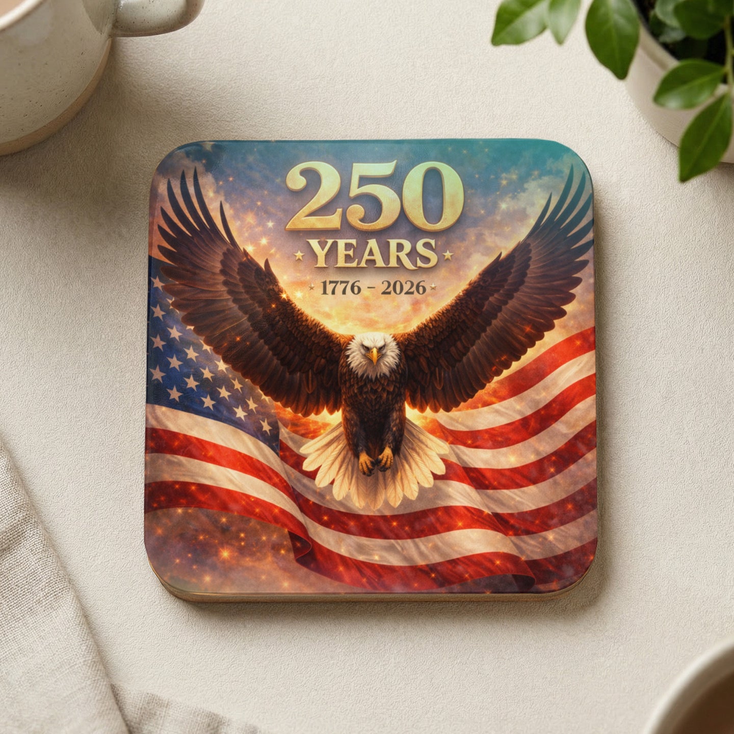 Coaster with eagle and US flag, "250 Years 1776 - 2026".