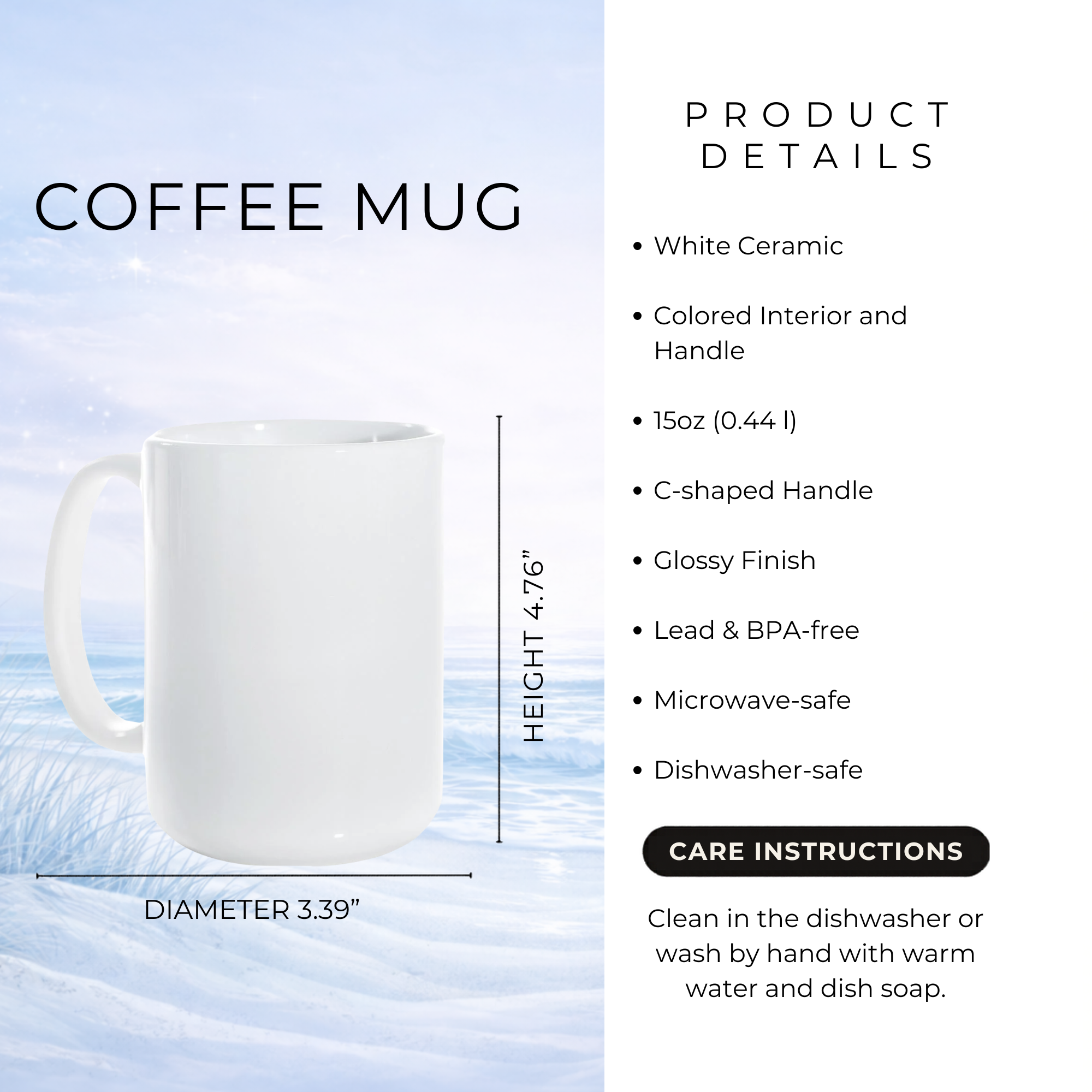 White ceramic coffee mug with colored interior and handle, 15oz.