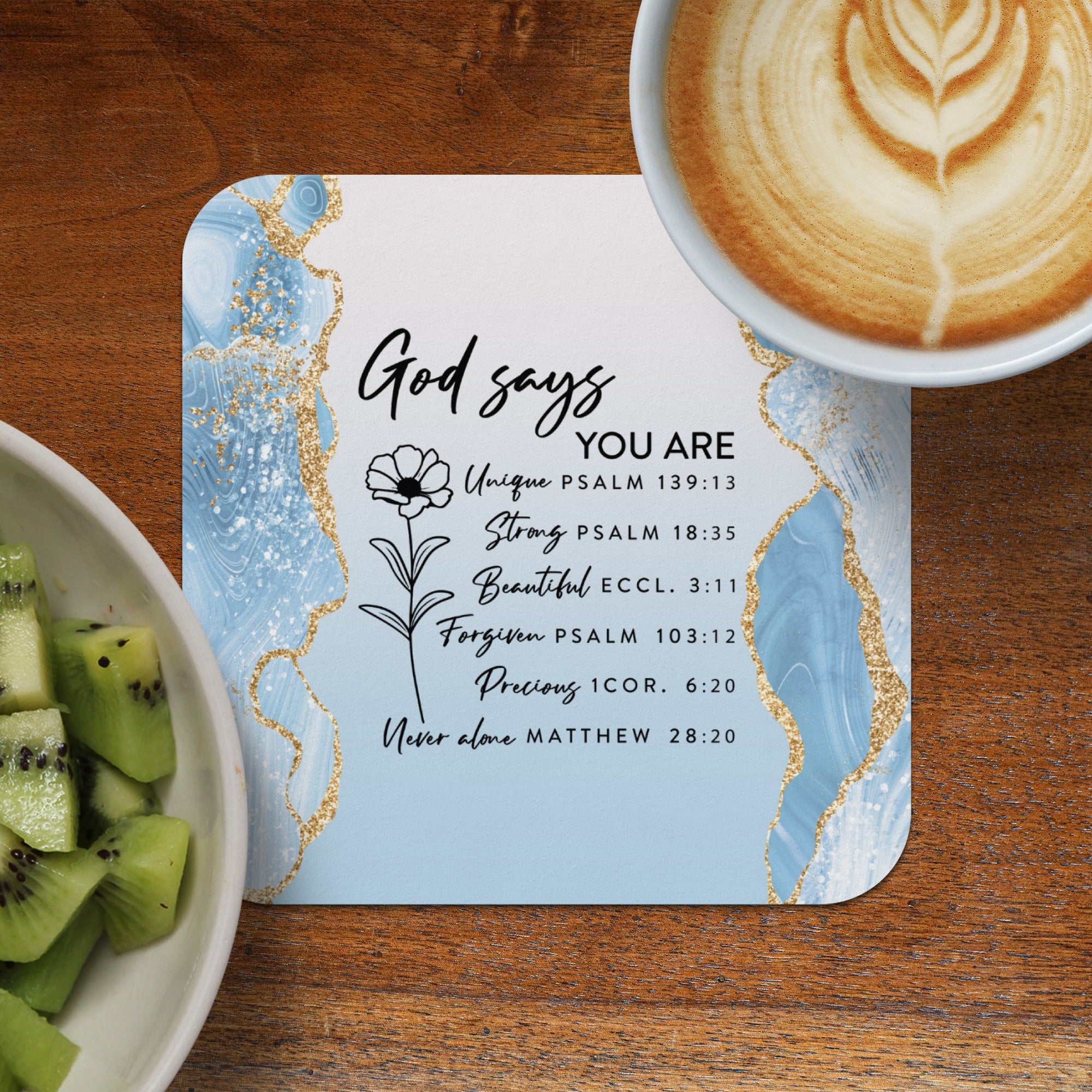 Coaster with "God says YOU ARE" and inspiring Bible verses about worth.