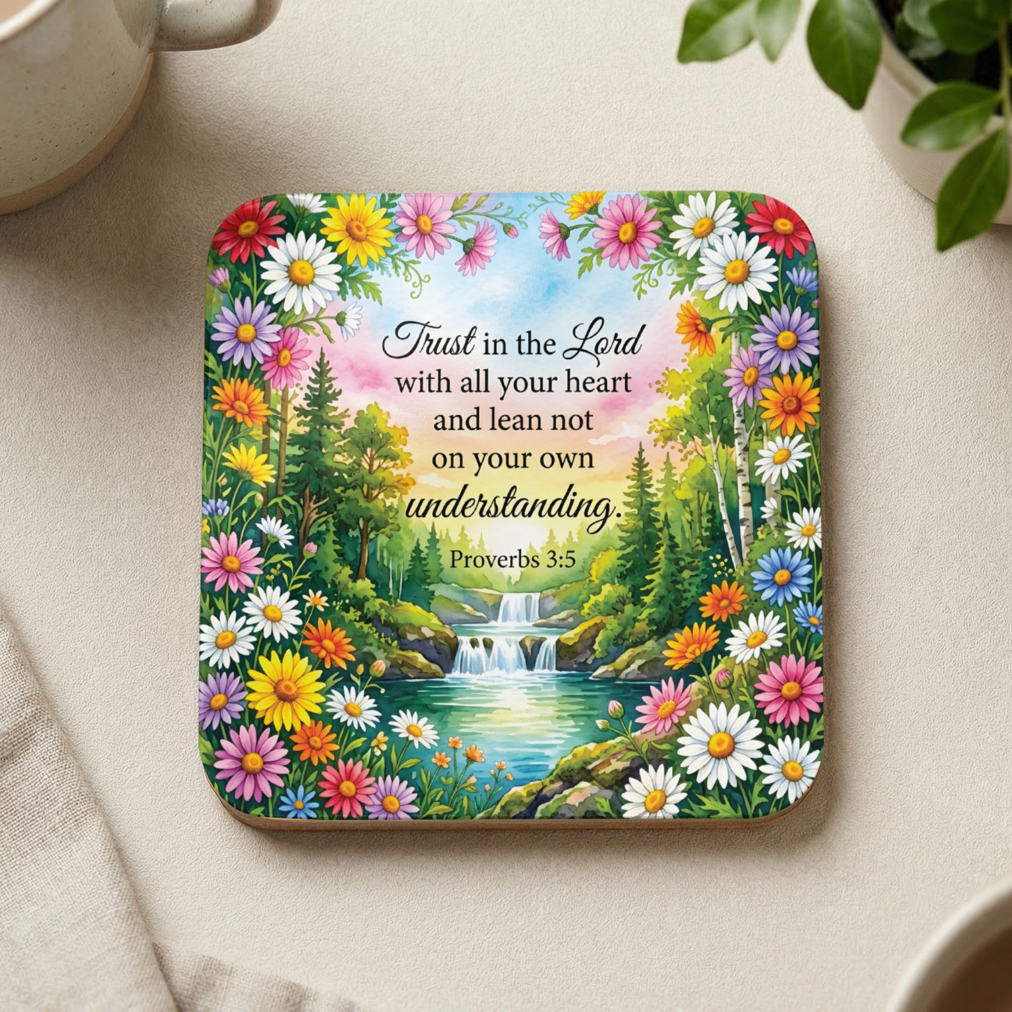 Coaster with floral border, waterfall, trees, and Proverbs 3:5 text.