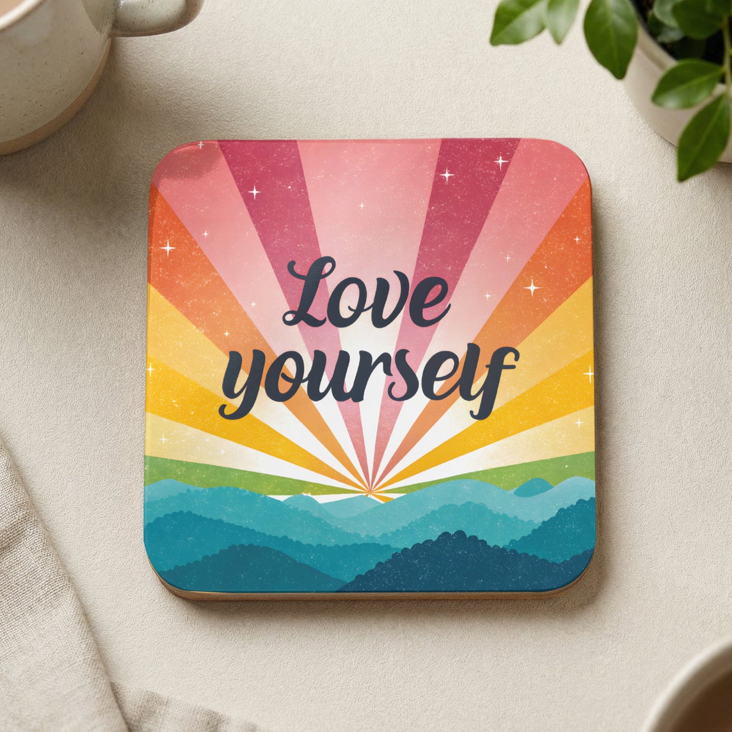 Square coaster with rainbow sunburst and "Love yourself" text over mountains.