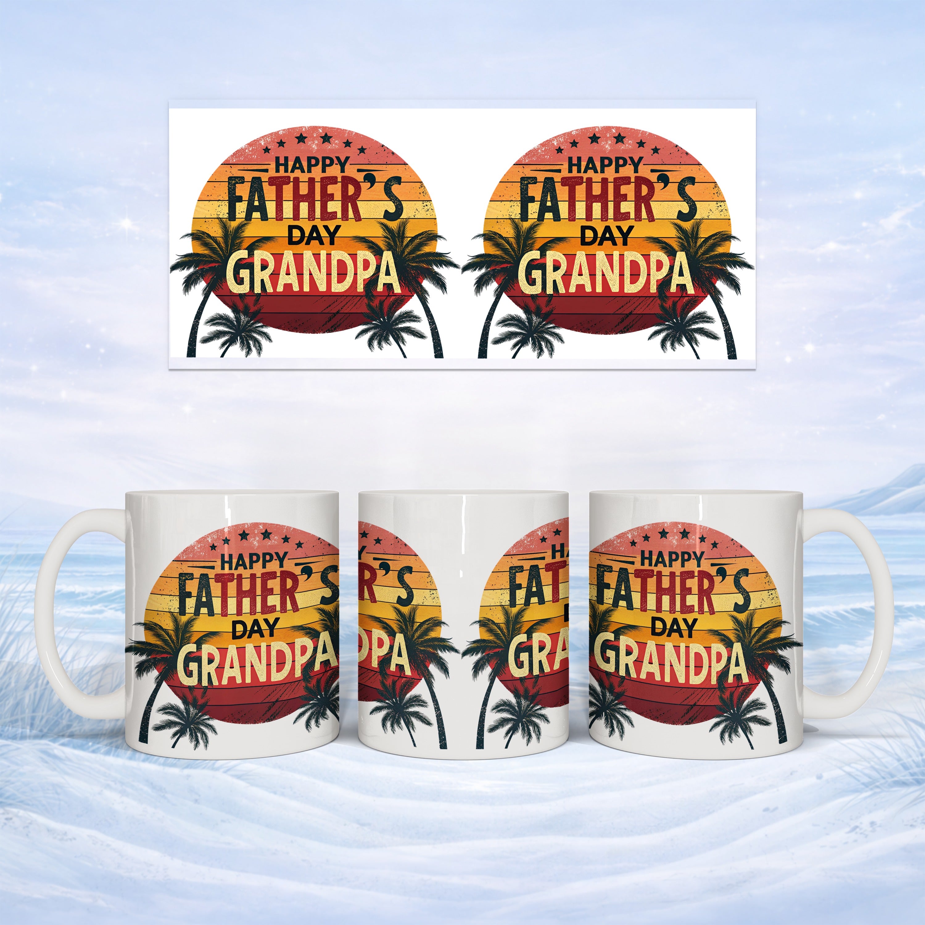 Mug with "Happy Father's Day Grandpa" text and palm trees.