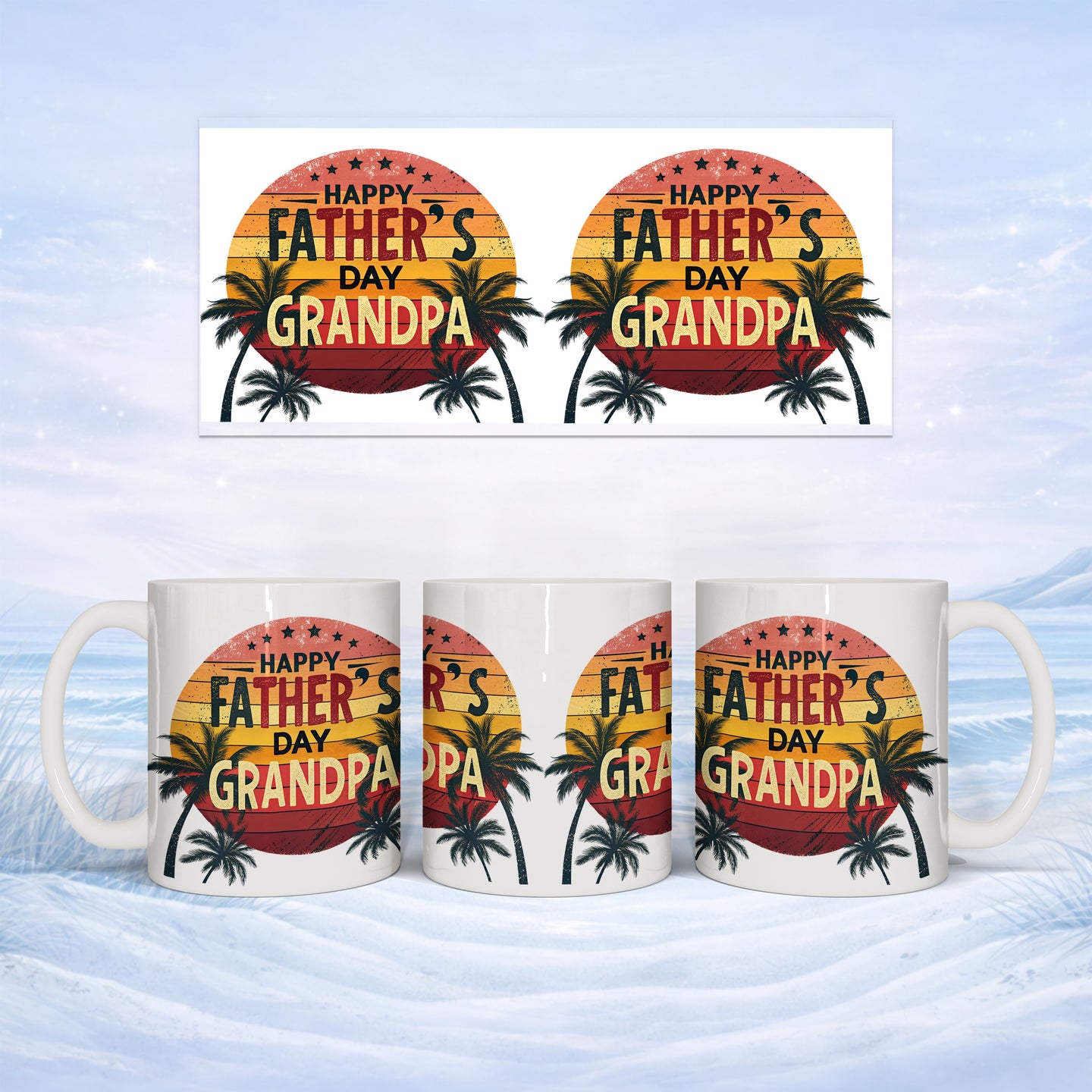 Mug with "Happy Father's Day Grandpa" text and palm trees.
