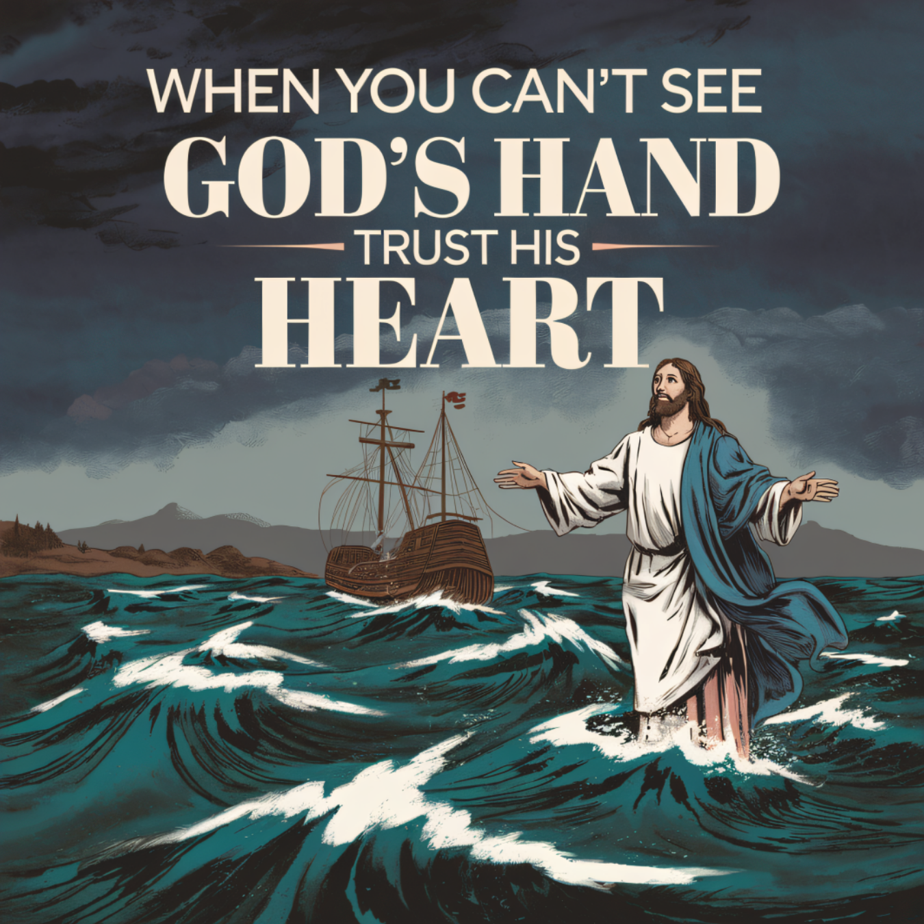 Jesus walks on water towards a ship under stormy skies.