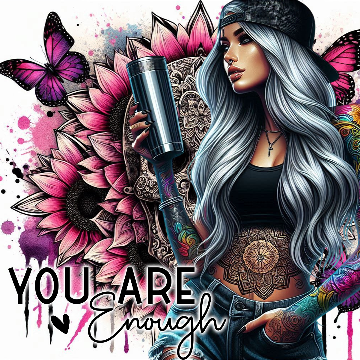 Tattooed woman with silver hair, sunflowers, and butterflies, holding a silver tumbler.