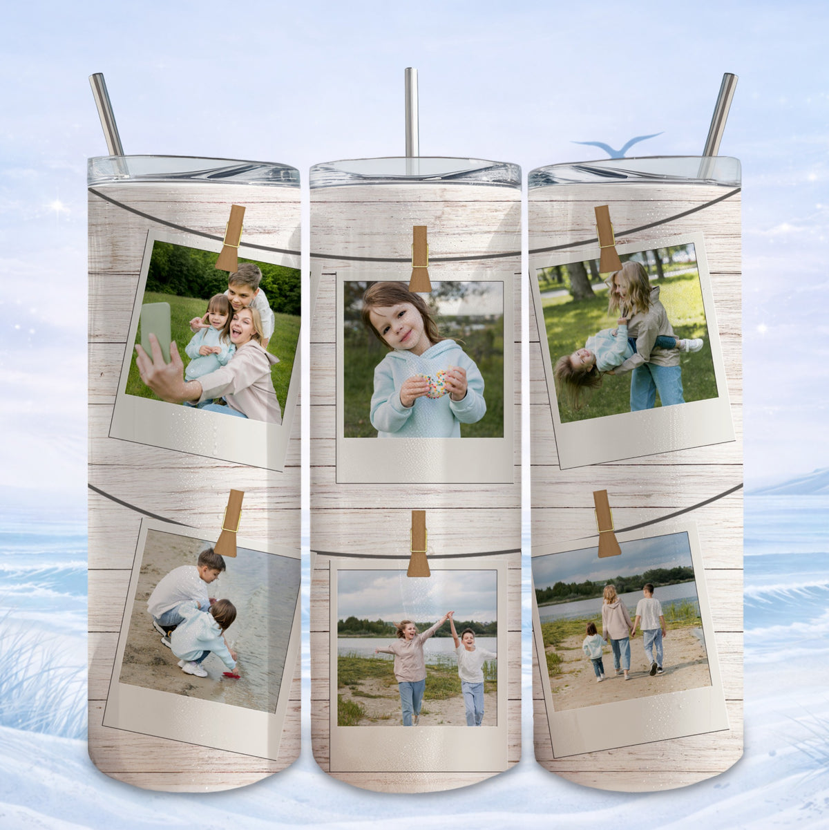 Collage of family photos clipped to a rustic wooden background.