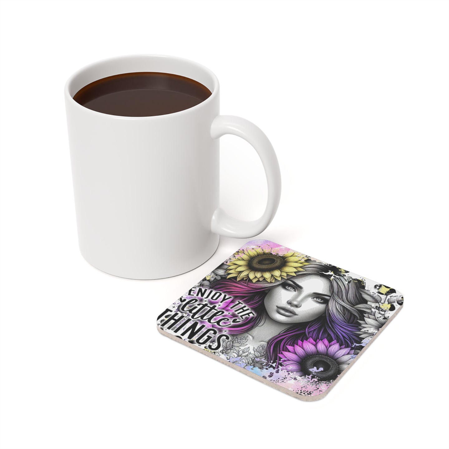 Mug and square coaster with woman's face, sunflowers, and "Enjoy the little things."