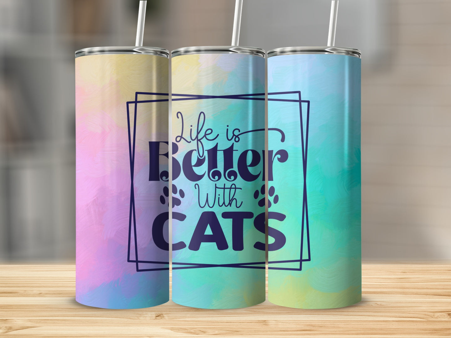 Three tumblers with abstract pastel backgrounds and "Life is Better With Cats" text.