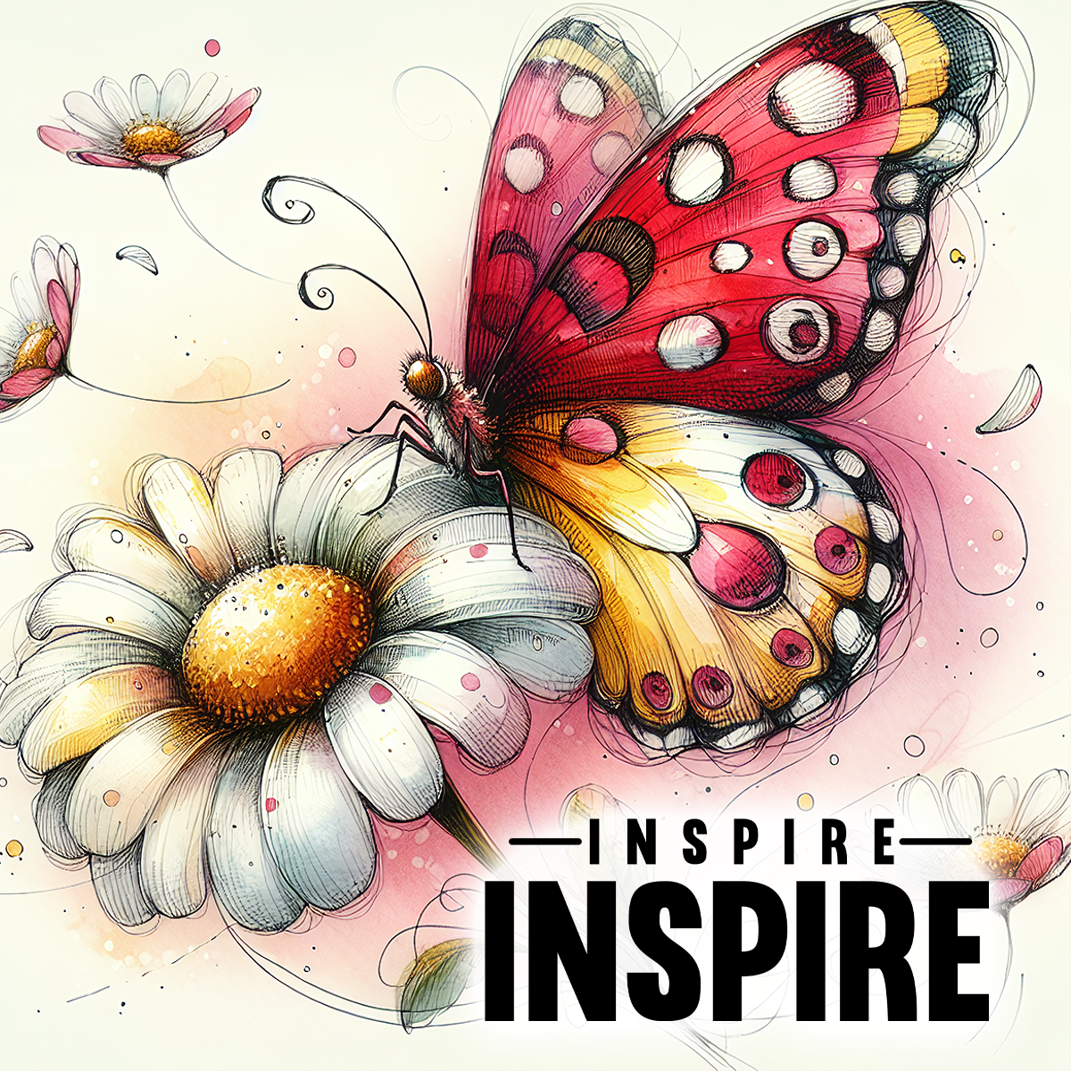 Red and yellow butterfly on a white daisy with "INSPIRE" text.