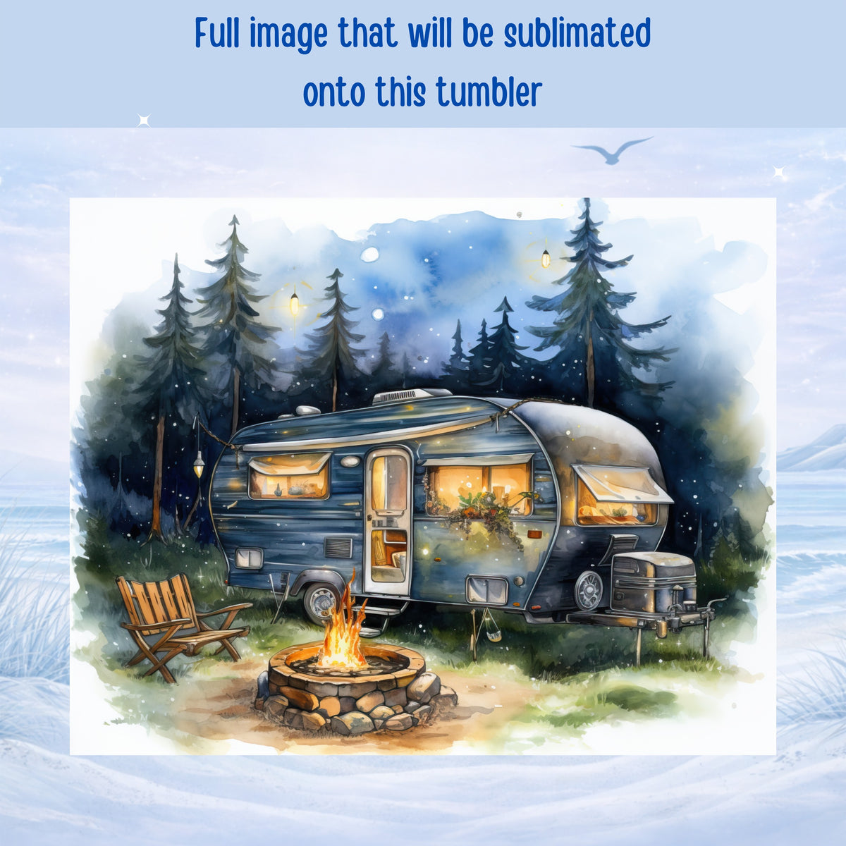 Watercolor illustration of a vintage camper with campfire and chairs.