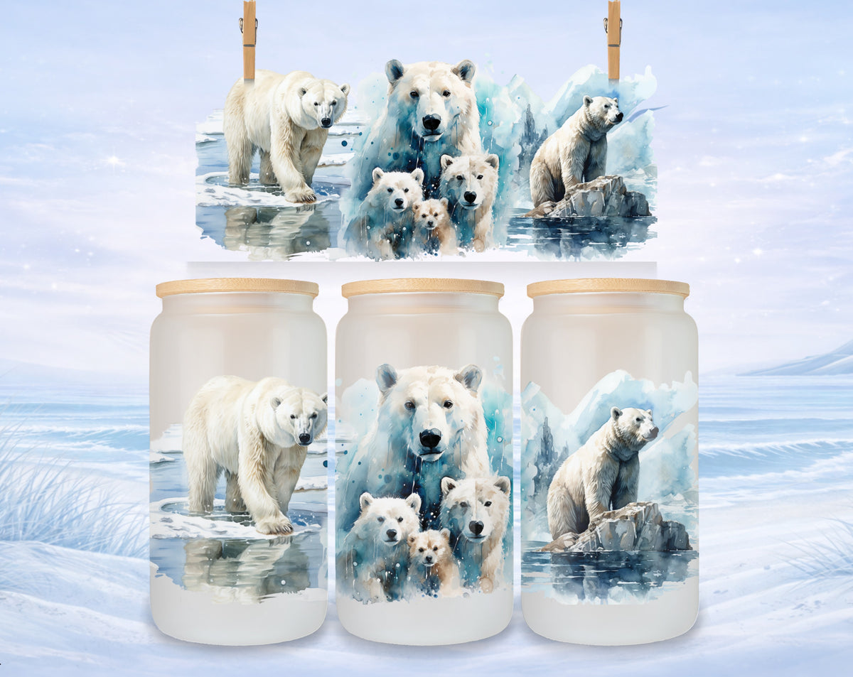 Polar bear family on ice floes with winter landscape background.