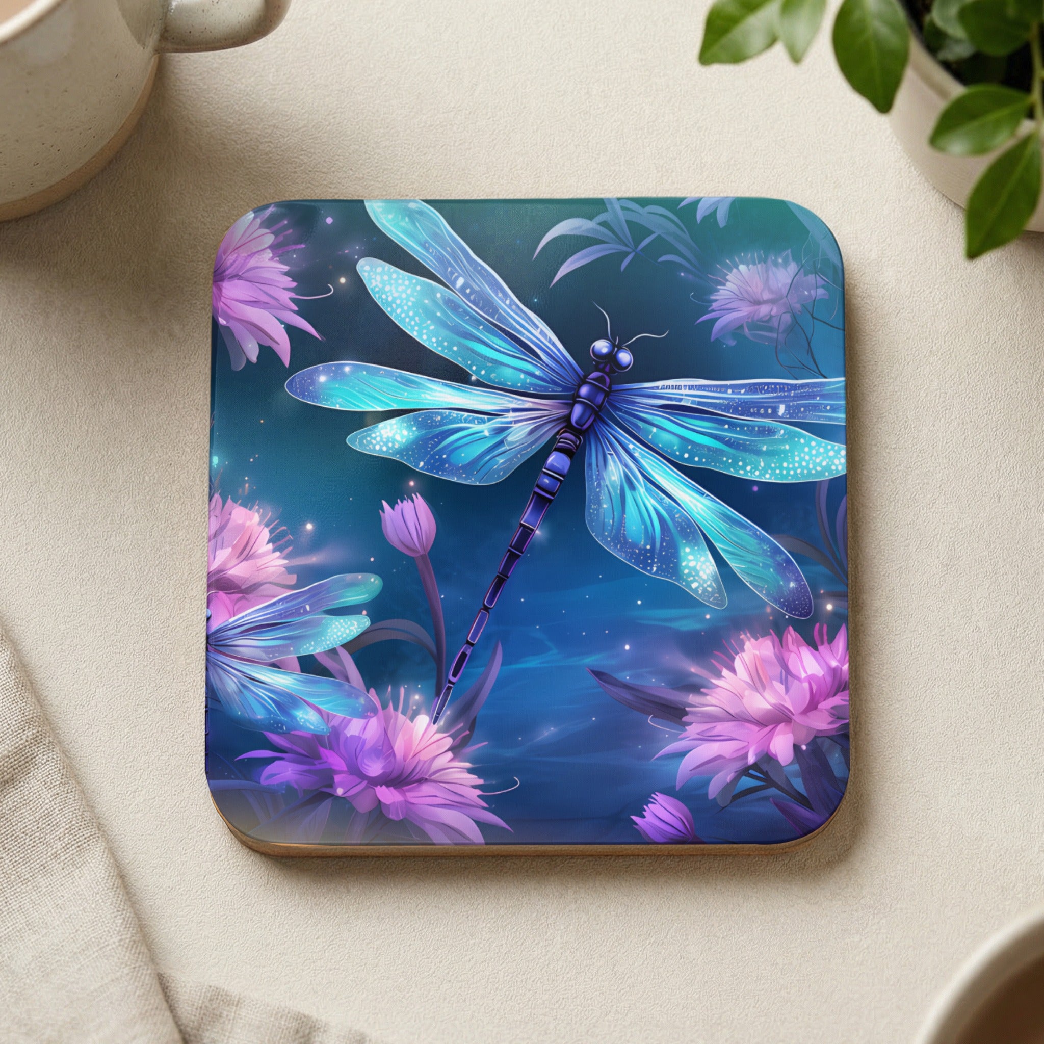 Blue iridescent dragonfly among glowing purple flowers and plants.