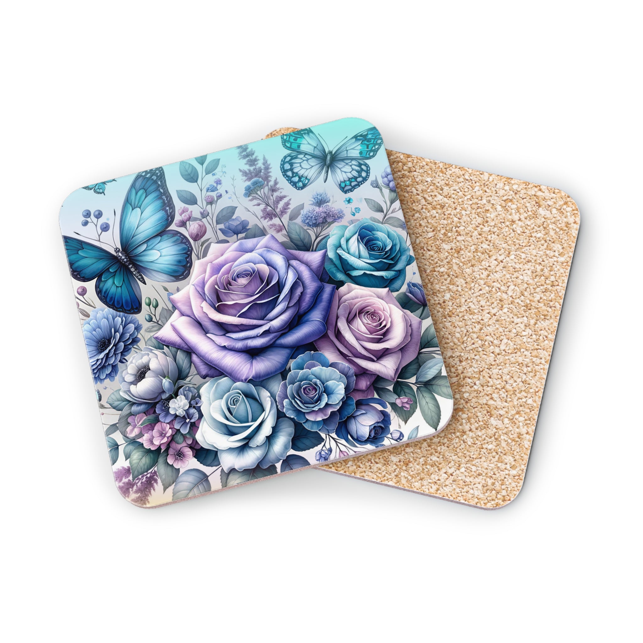 Coaster with blue butterflies and purple roses on floral background.