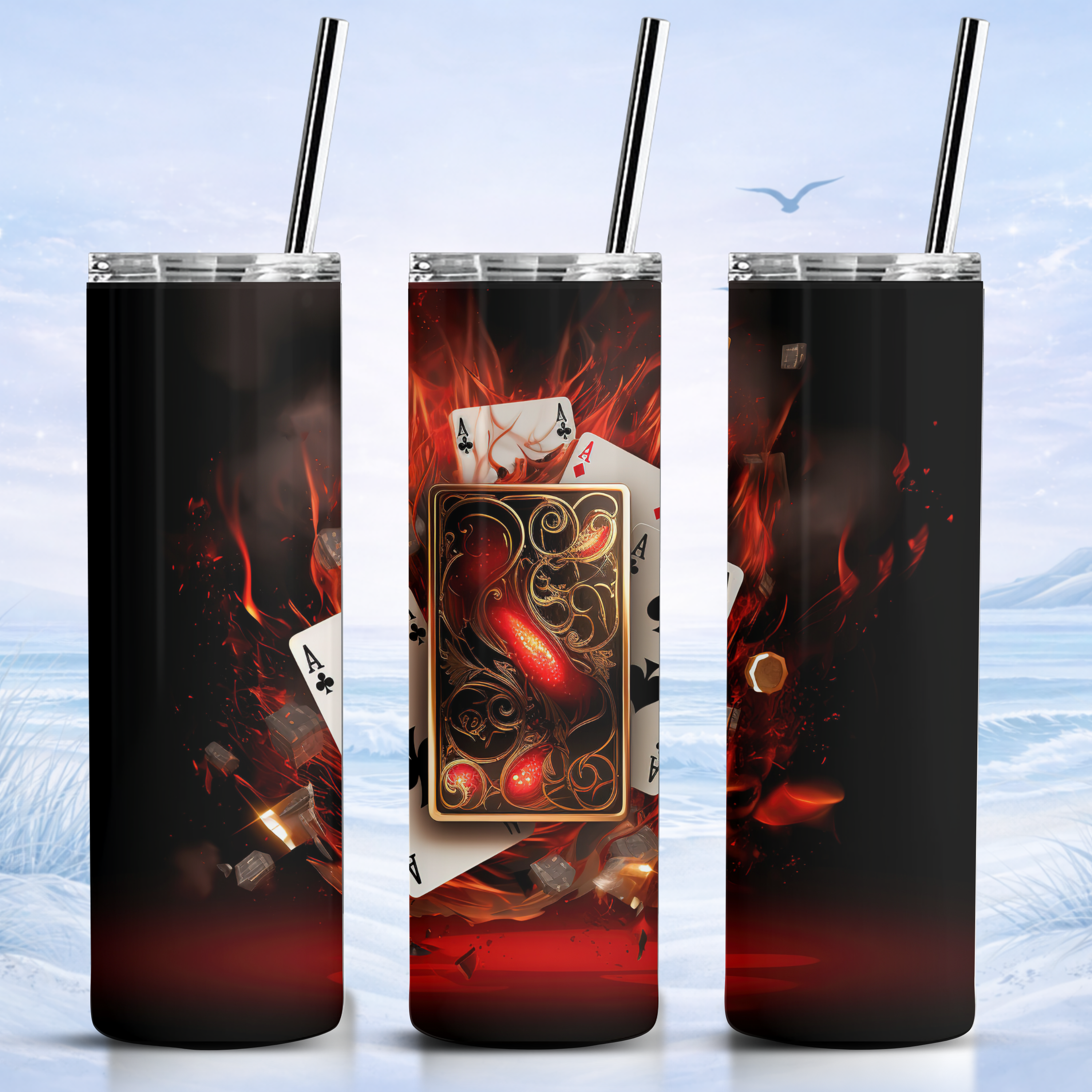 flaming poker cards tumbler stainless steel
