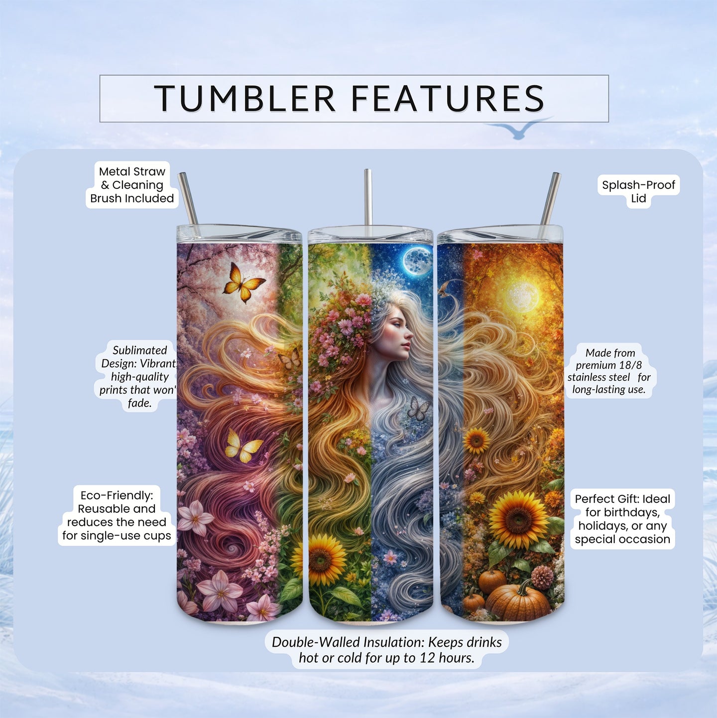 floral goddess stainless steel tumbler vibrant art