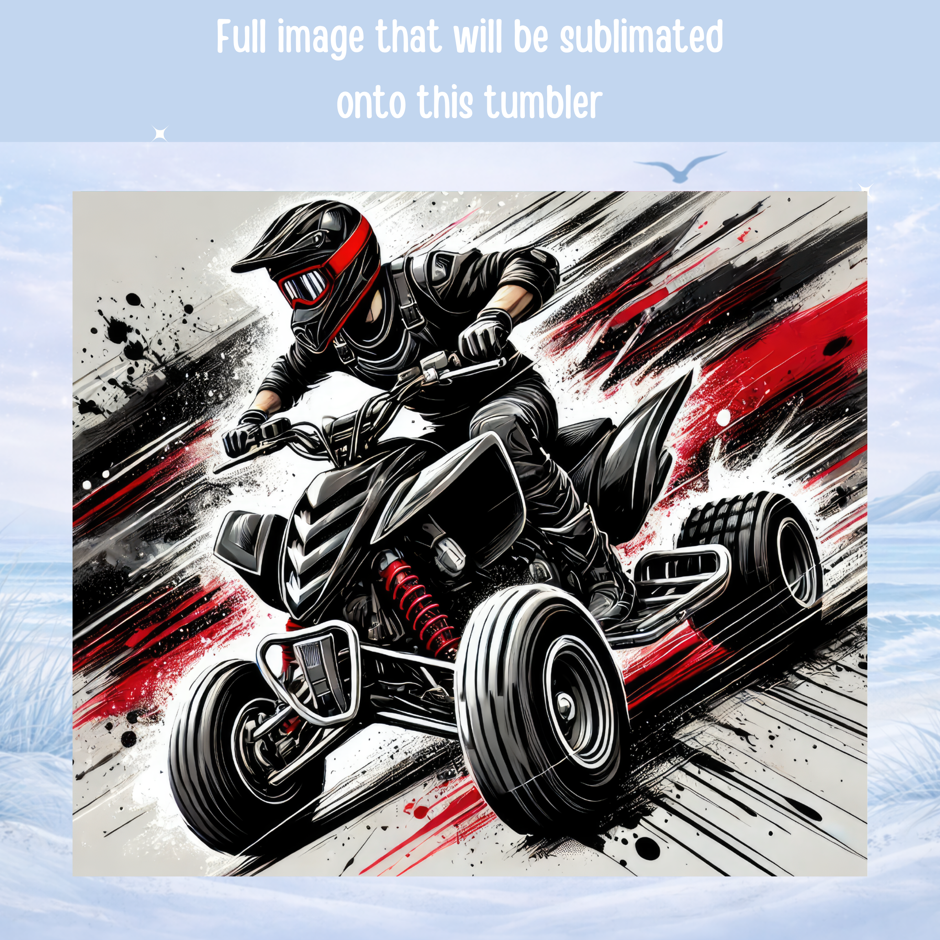 Illustration of a person riding an ATV with red and black design elements on a white background.