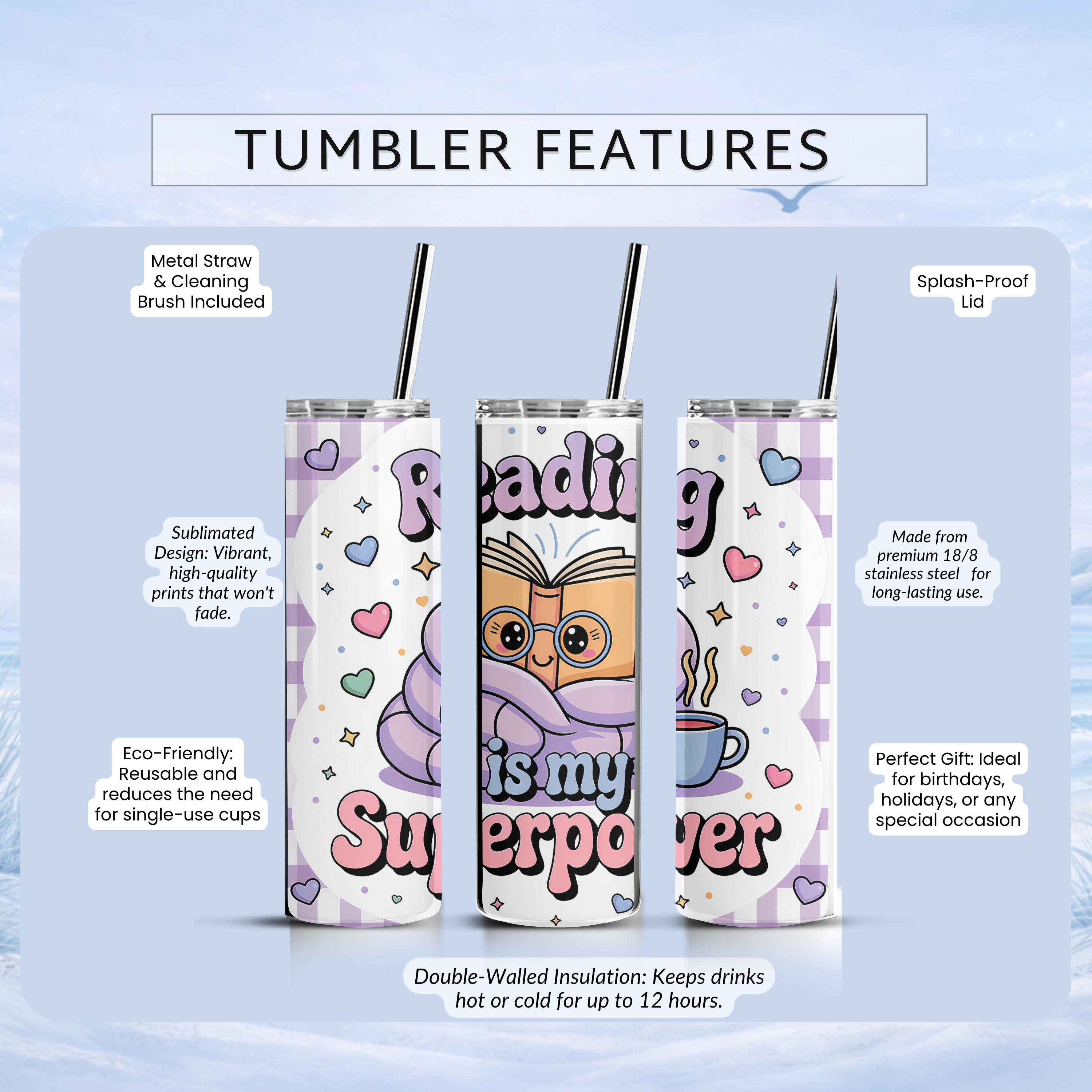 fun reader tumbler cute cartoon book design