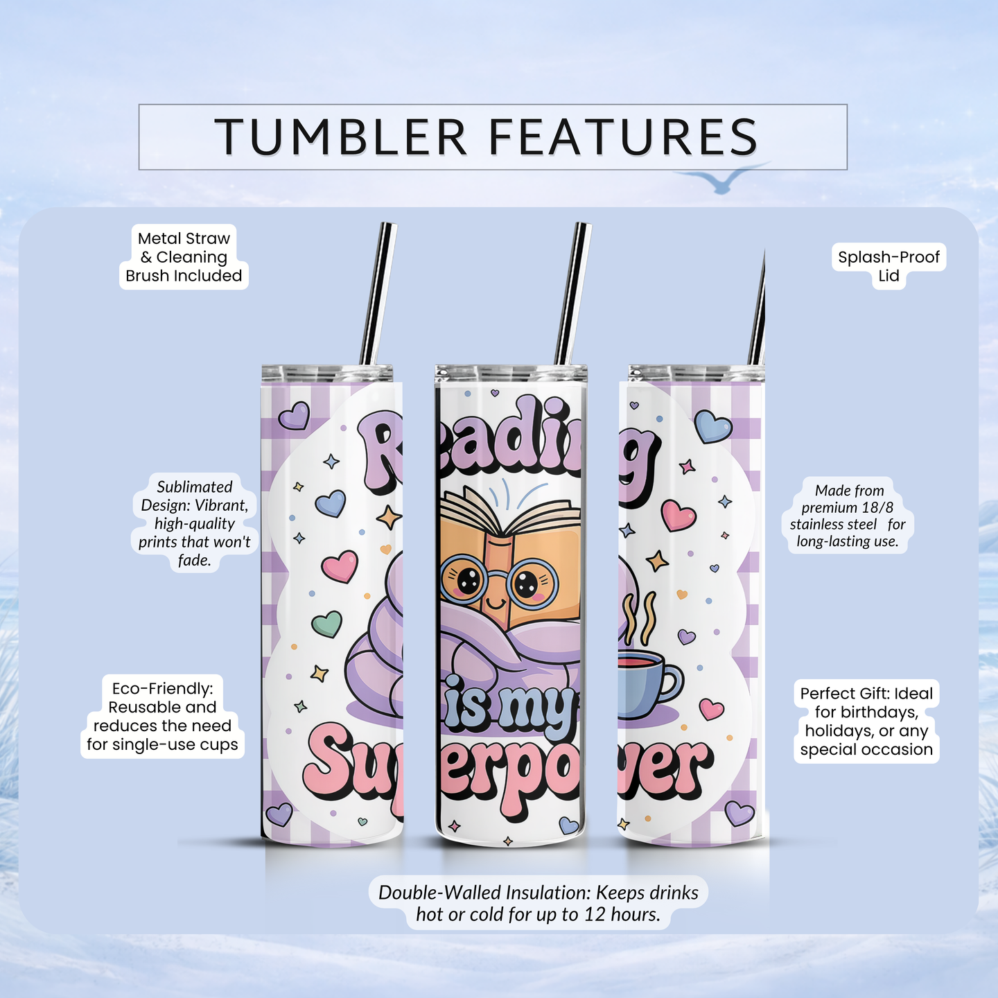fun reader tumbler cute cartoon book design