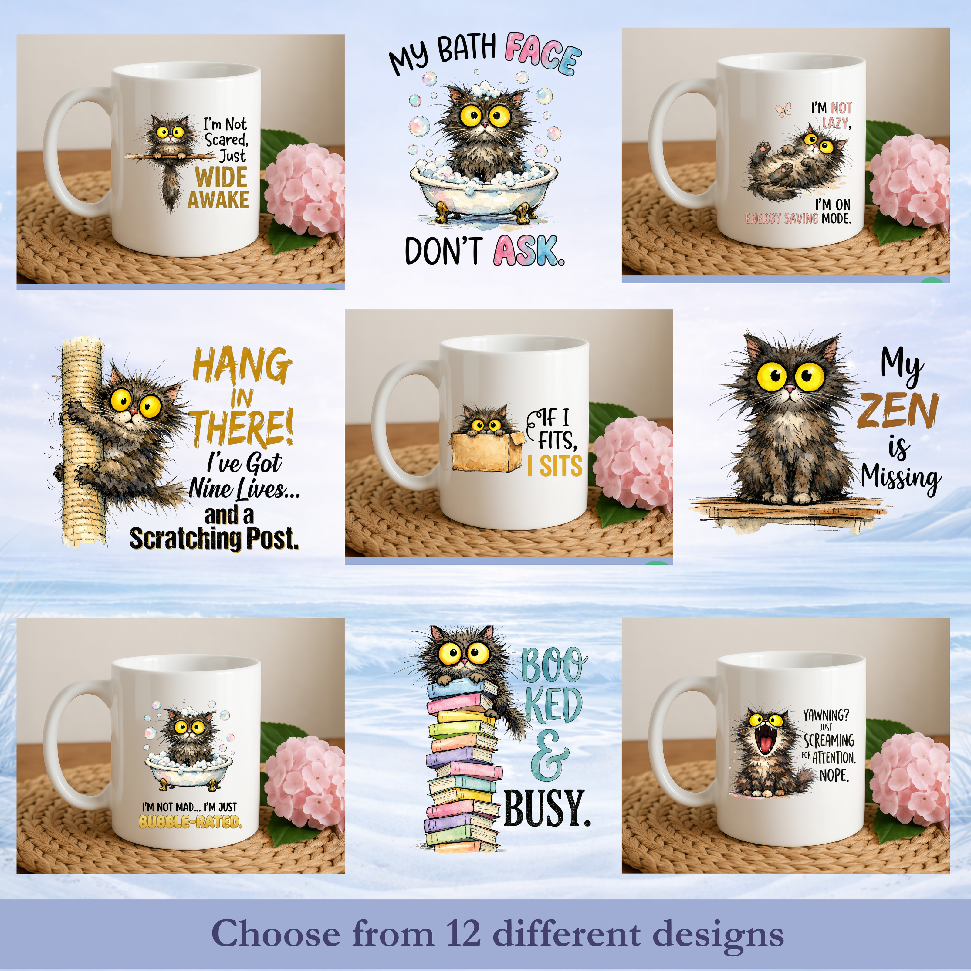 funny cat coffee mugs collage multiple designs