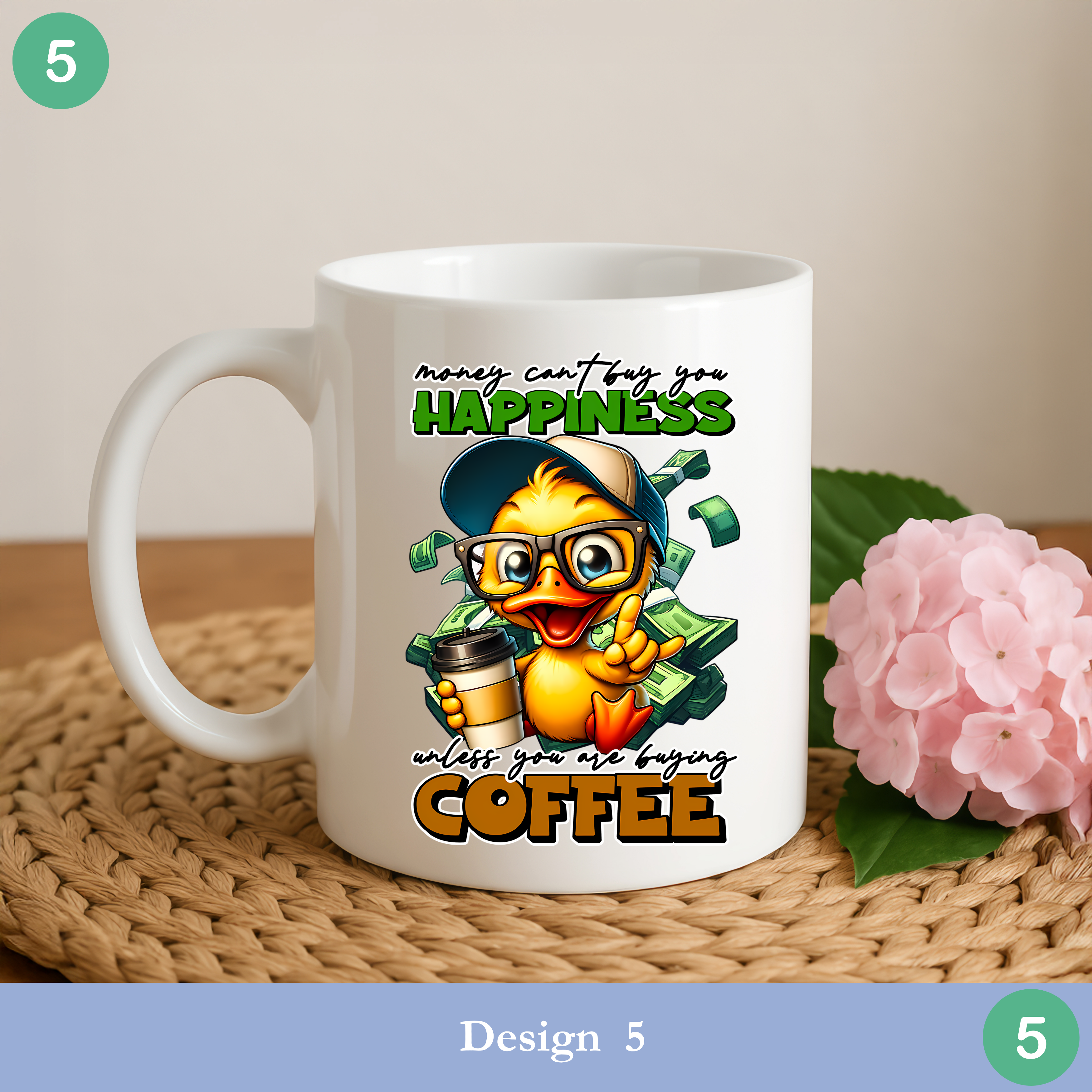 funny duck coffee mug money can’t buy happiness coffee humor
