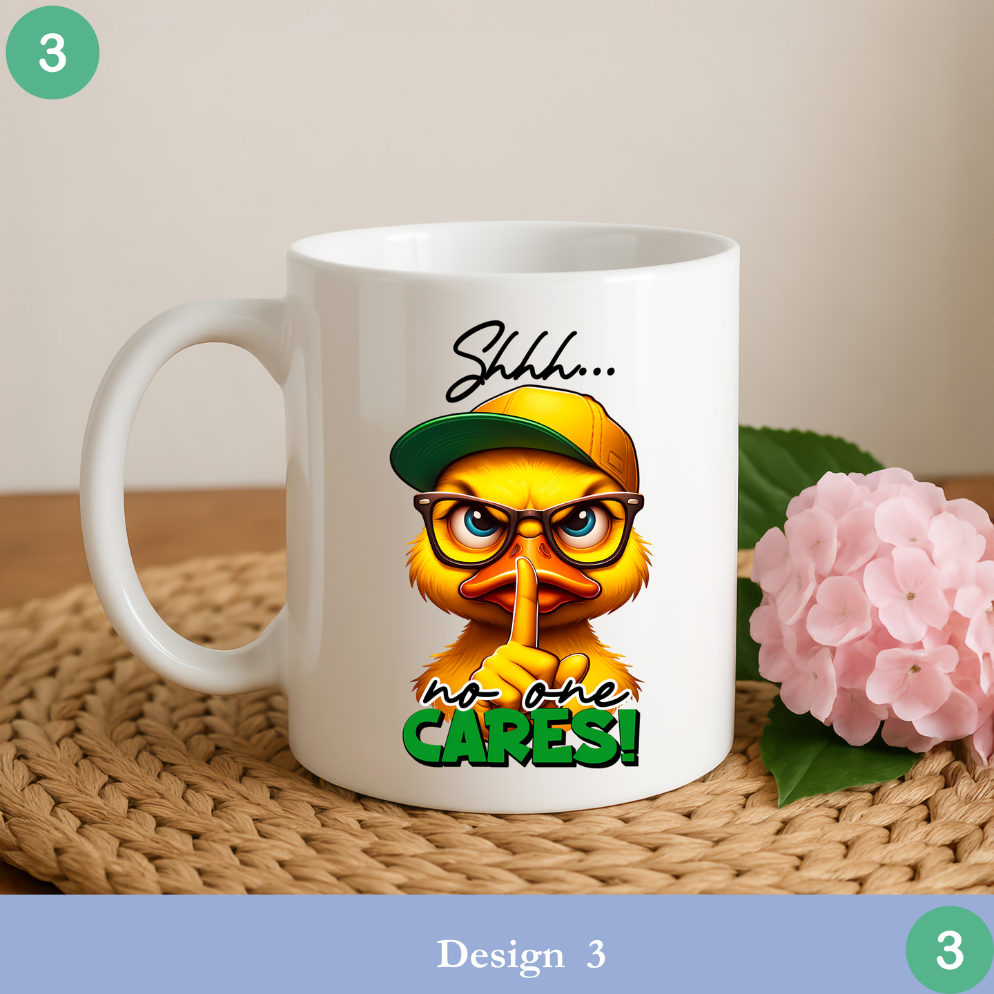 funny duck mug shhh no one cares sarcastic coffee cup gag gift office humor