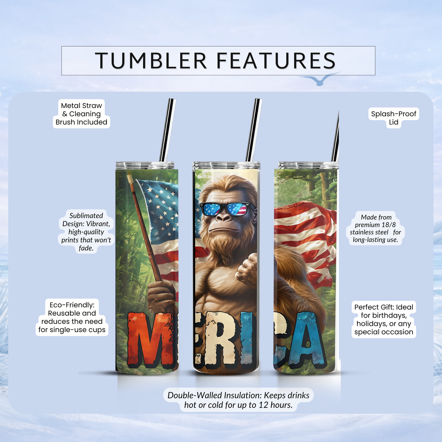 funny patriotic bigfoot tumbler 20 oz skinny