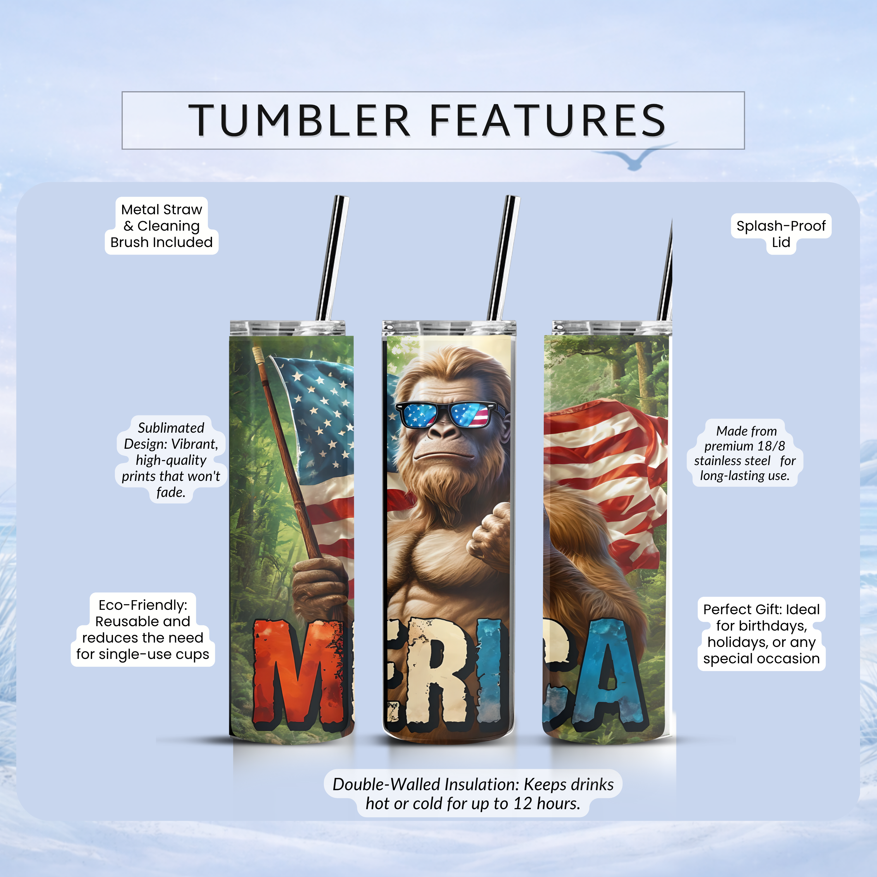 funny patriotic bigfoot tumbler 20 oz skinny