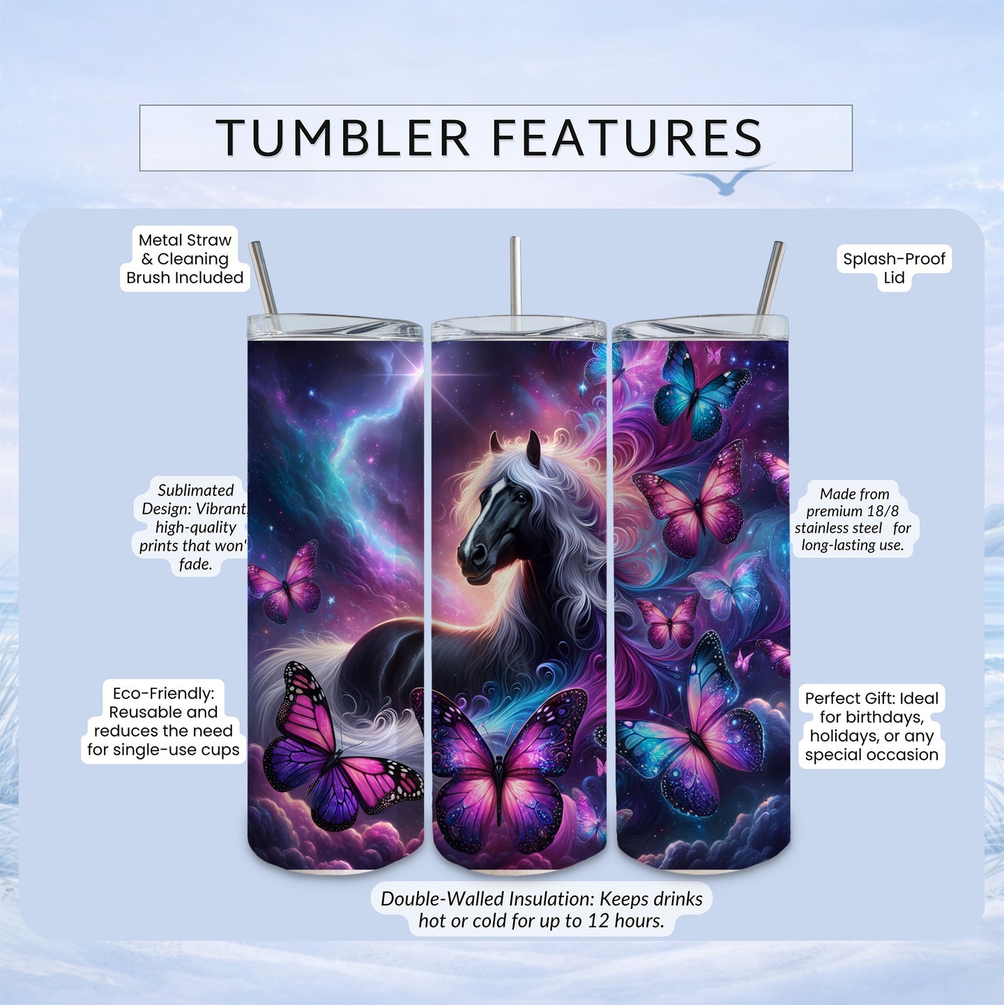 galaxy horse tumbler colorful butterfly artwork