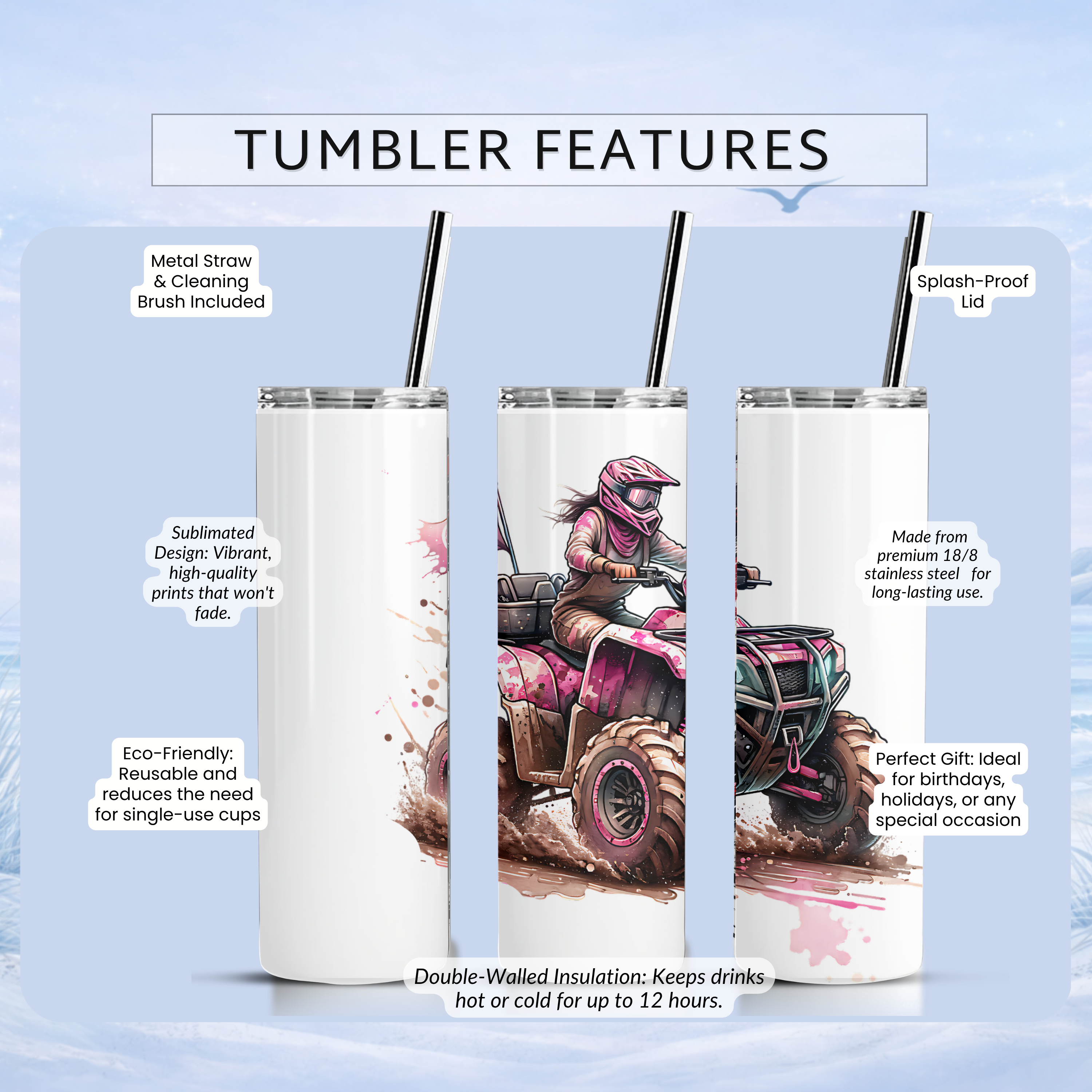 girl rider ATV tumbler pink off road adventure drinkware