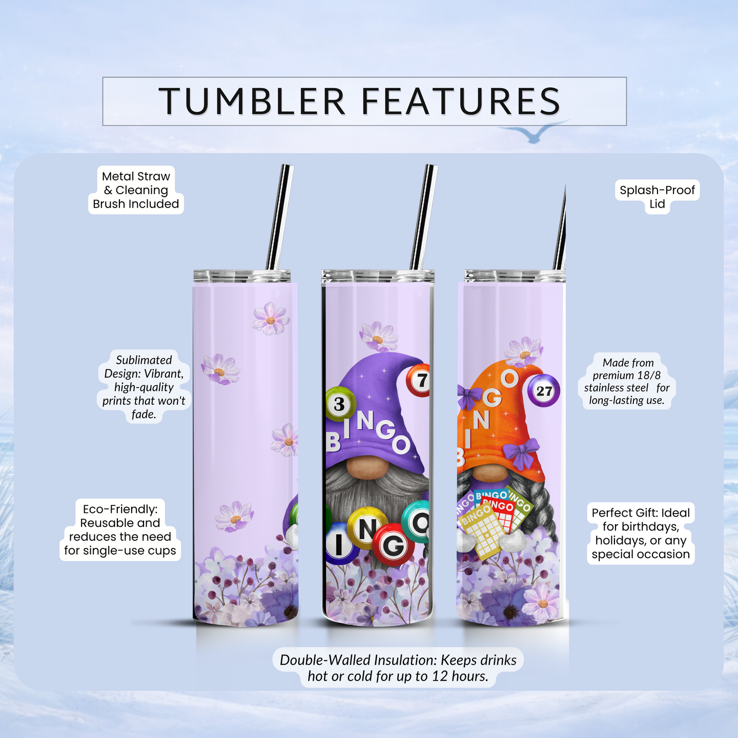 gnome bingo tumbler 20 oz skinny insulated