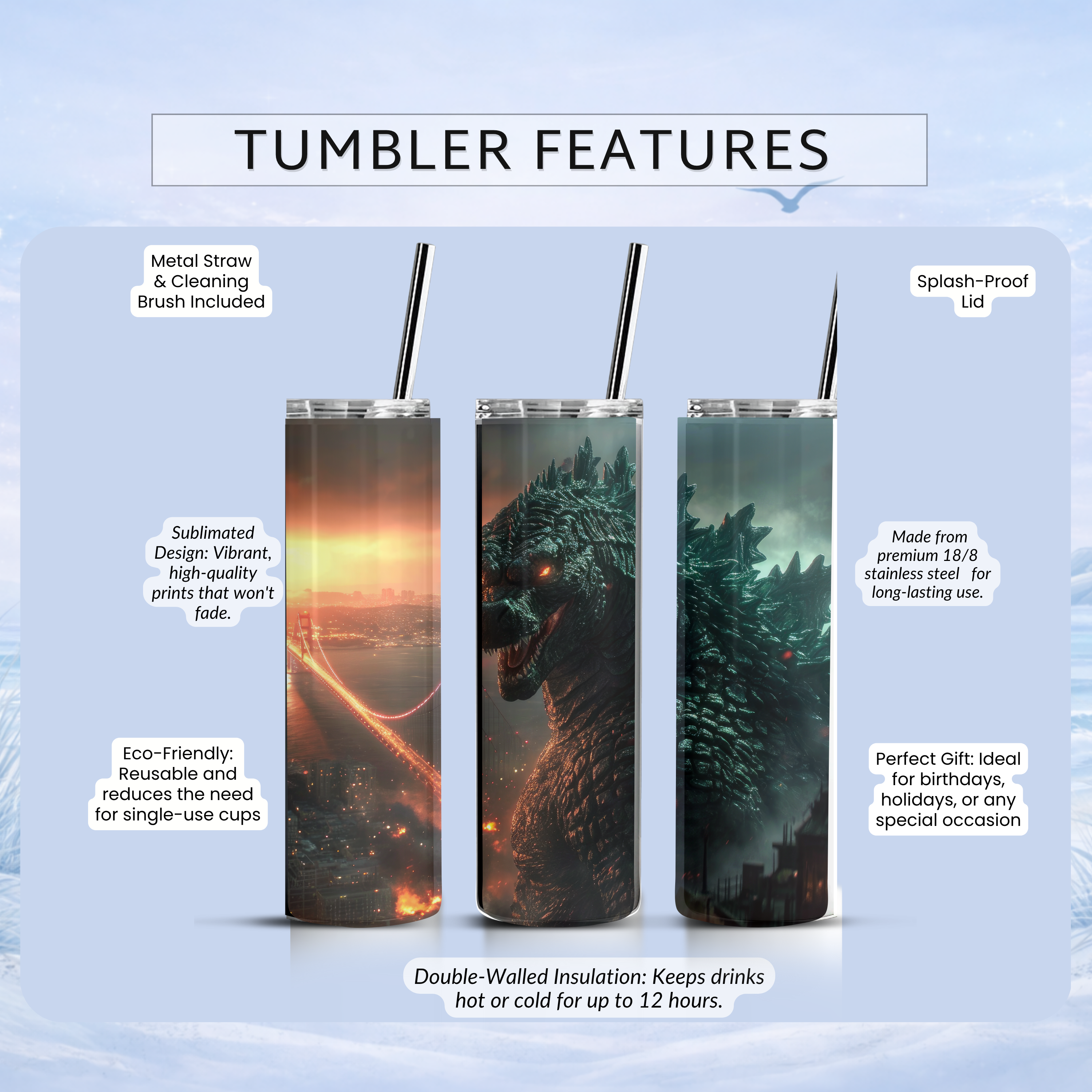 godzilla insulated tumbler with straw
