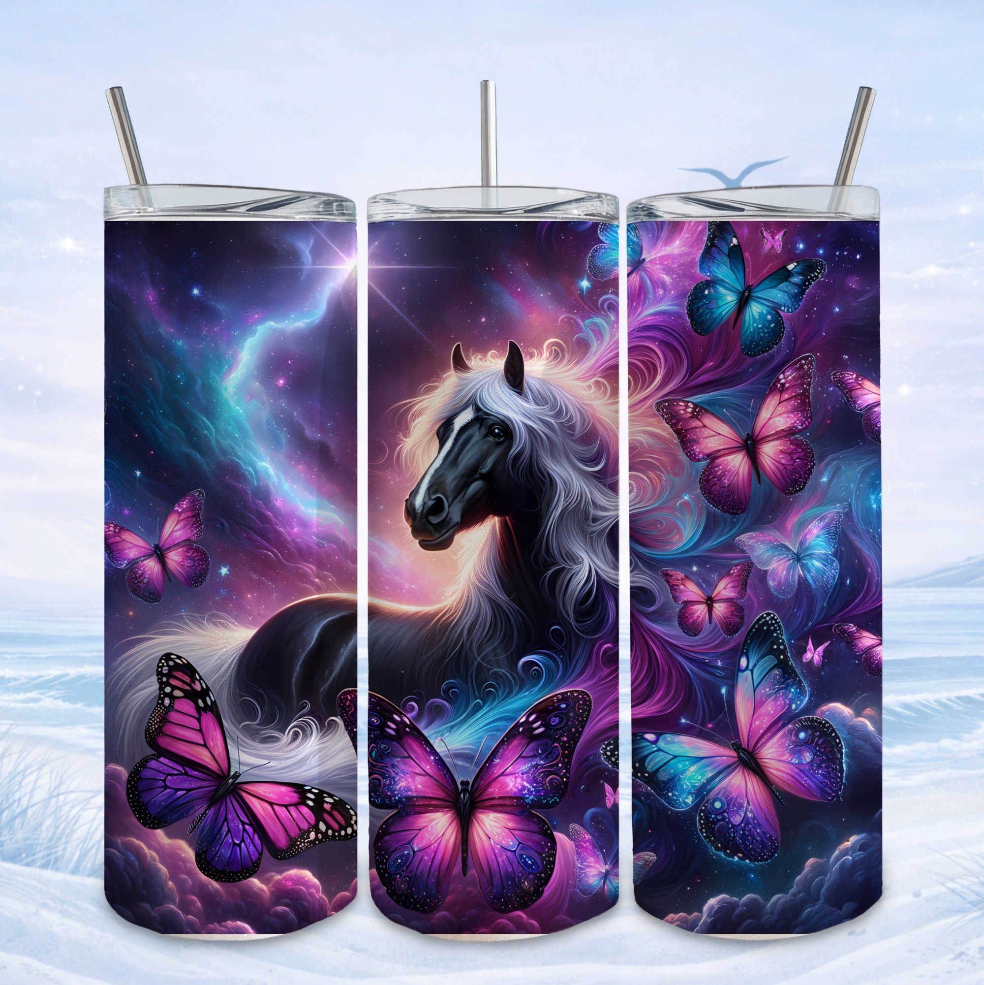 horse butterfly tumbler cosmic galaxy design