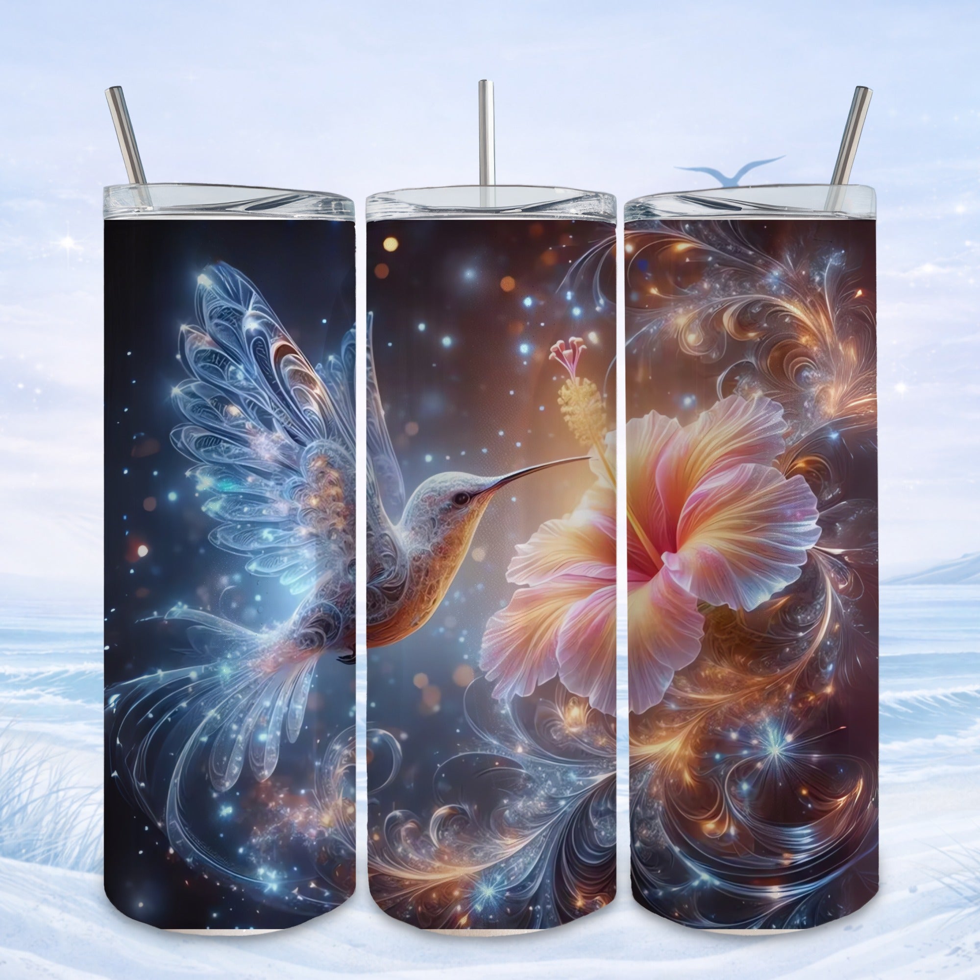 hummingbird floral tumbler celestial design