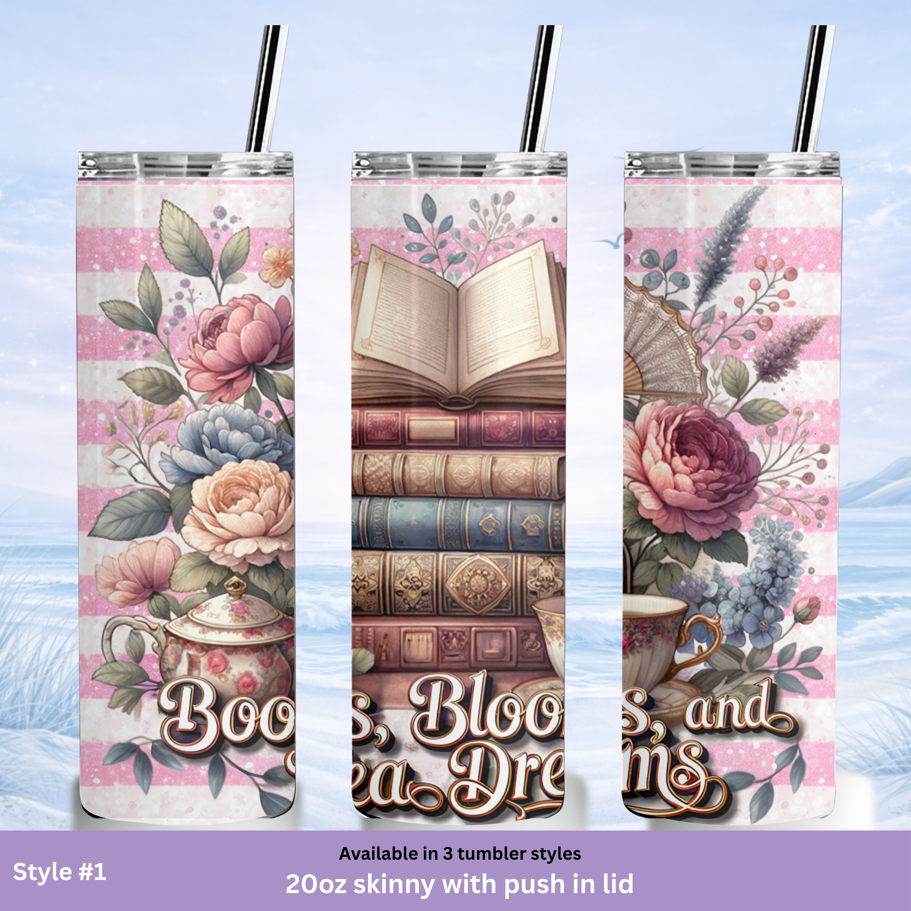 insulated tumbler floral books tea lover gift