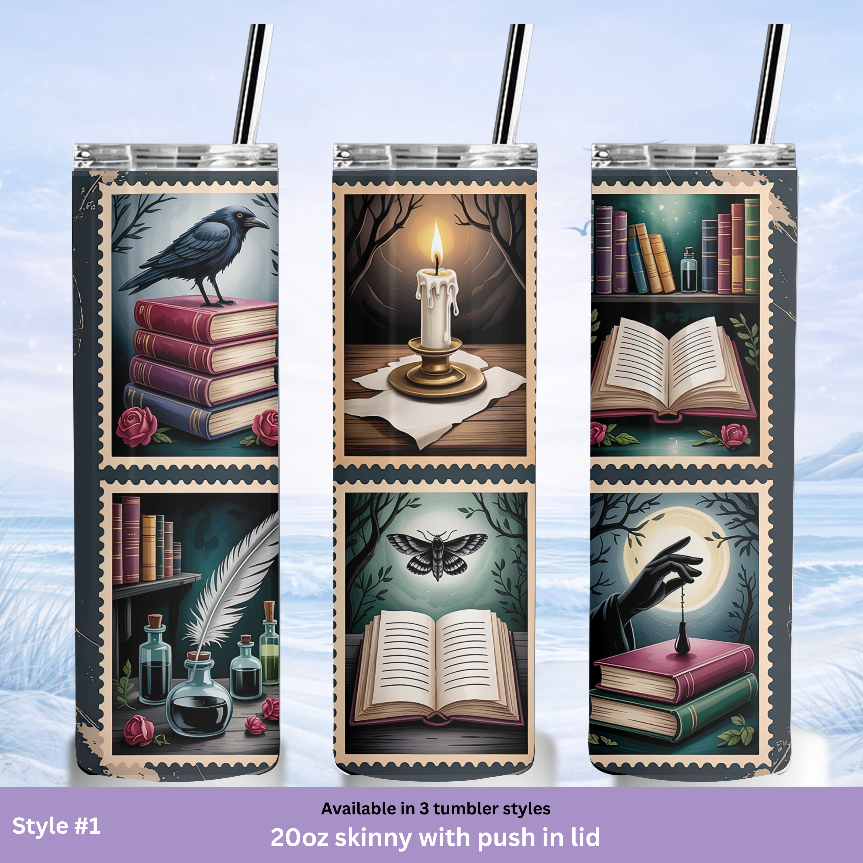 insulated tumbler vintage books gothic artwork