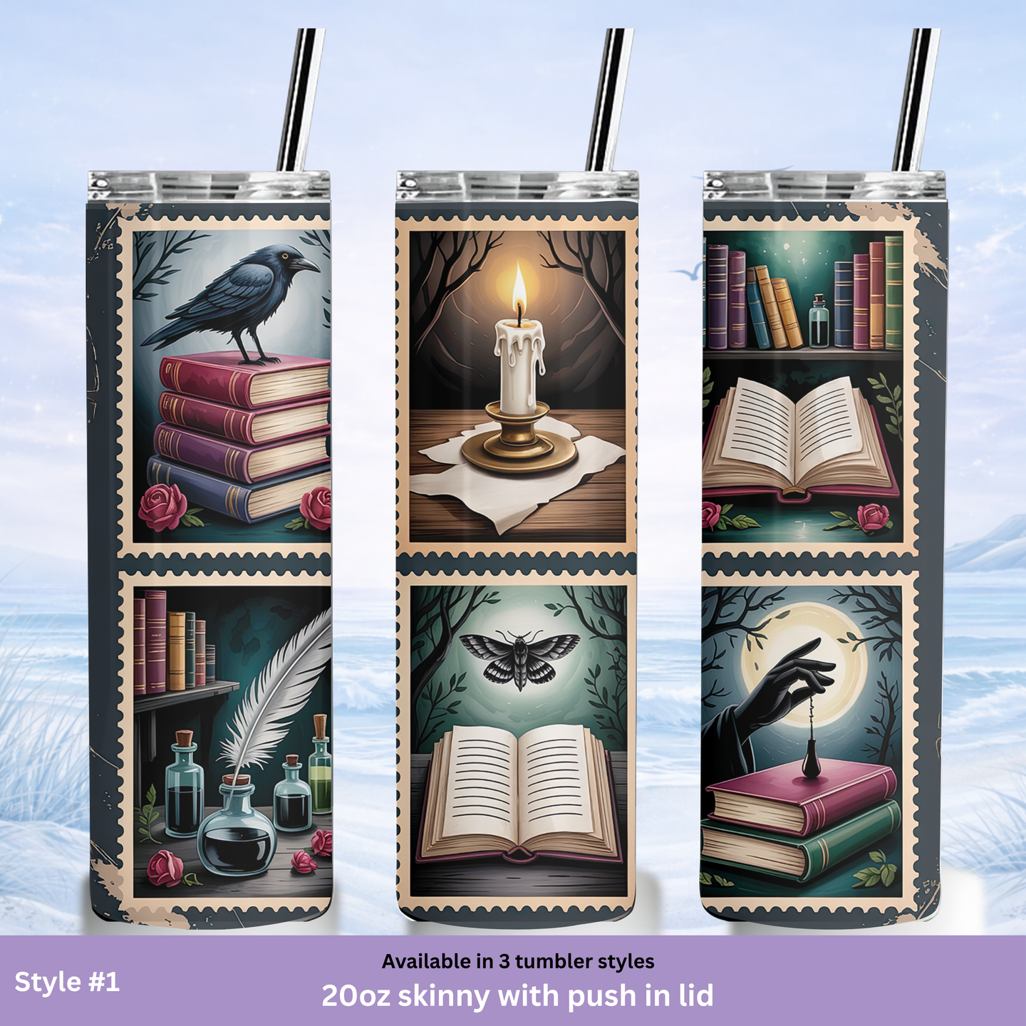 insulated tumbler vintage books gothic artwork