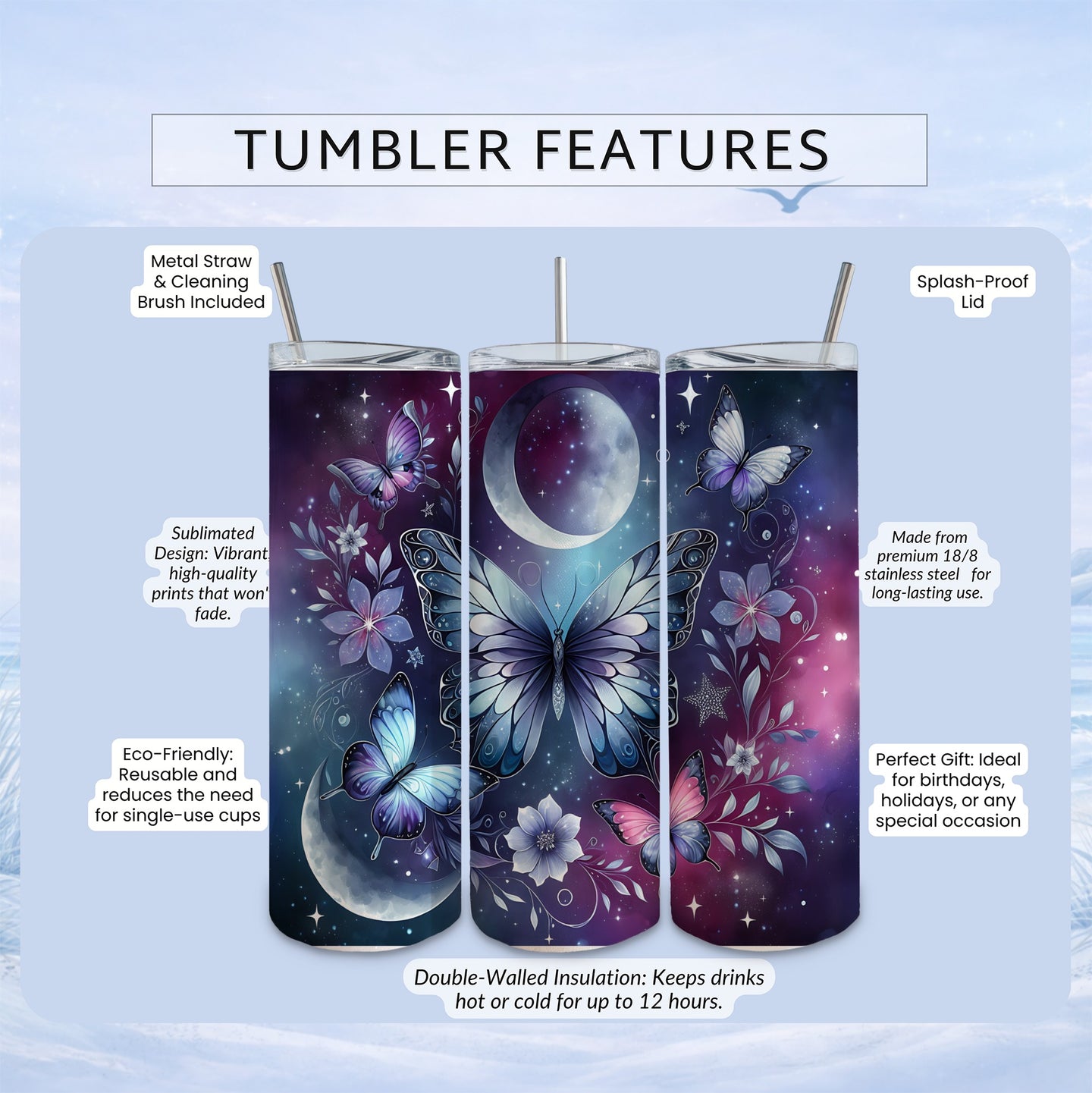 moon and butterfly stainless steel tumbler