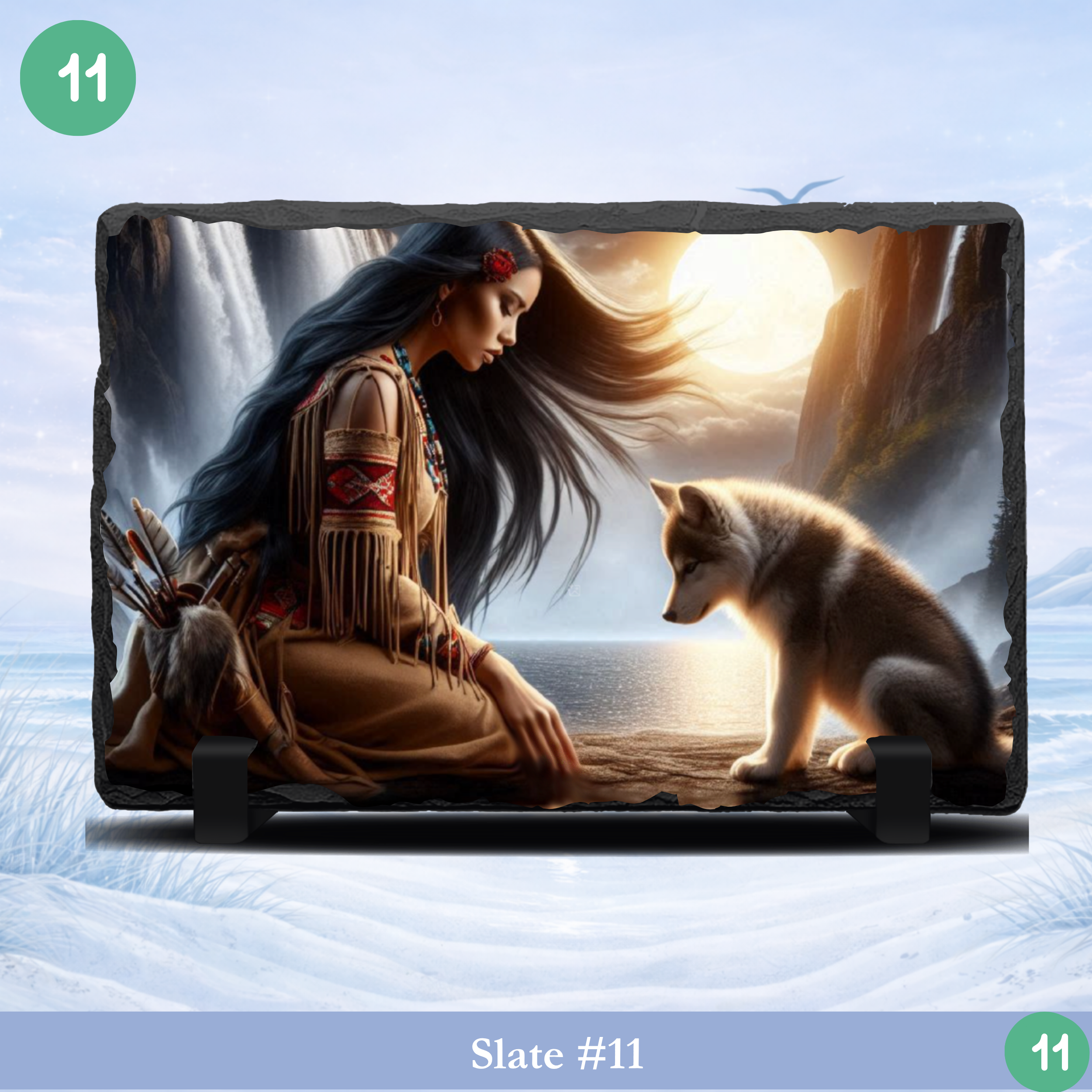 native american woman wolf sunset slate