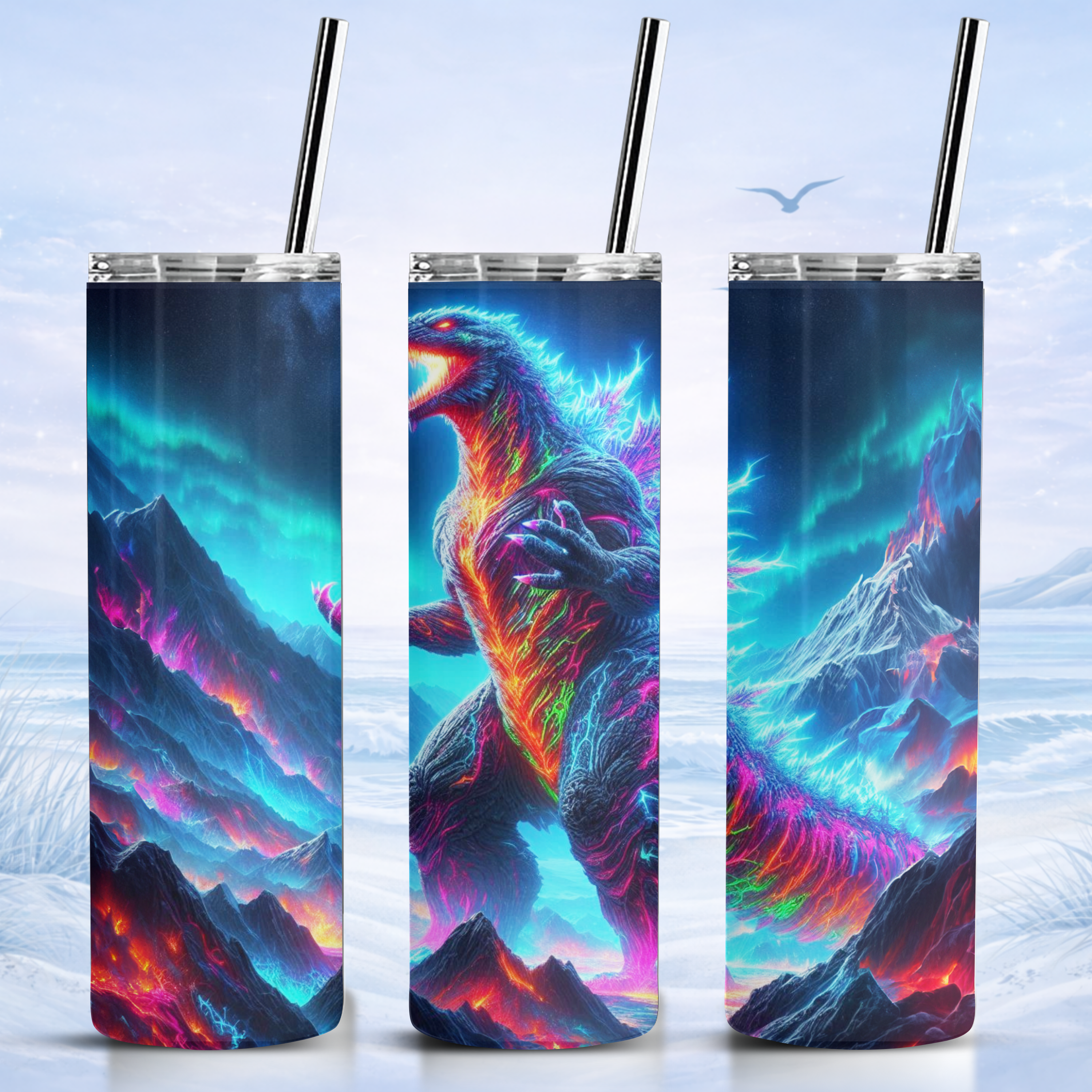 neon godzilla tumbler aurora design