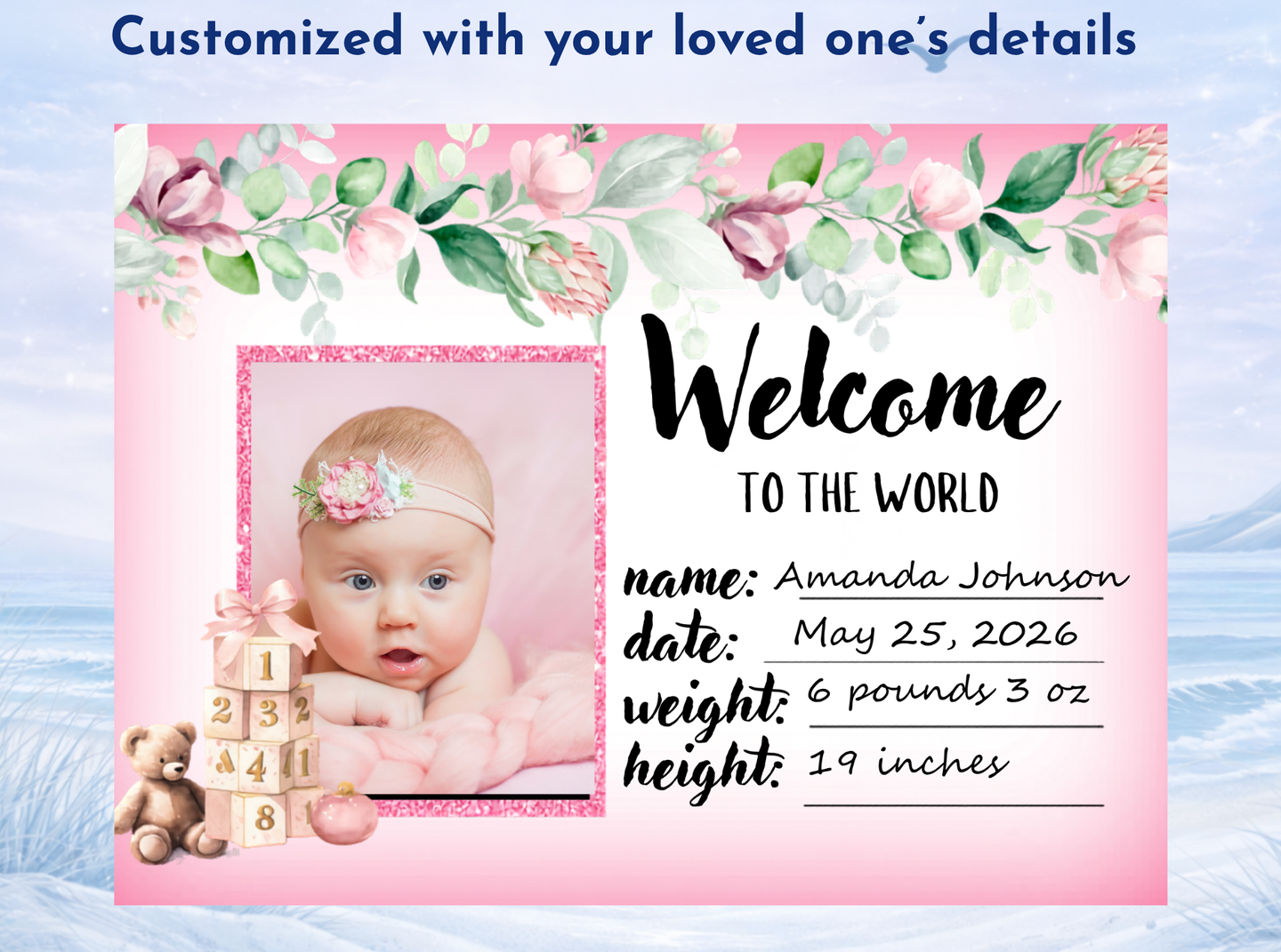 newborn baby girl keepsake slate with stats