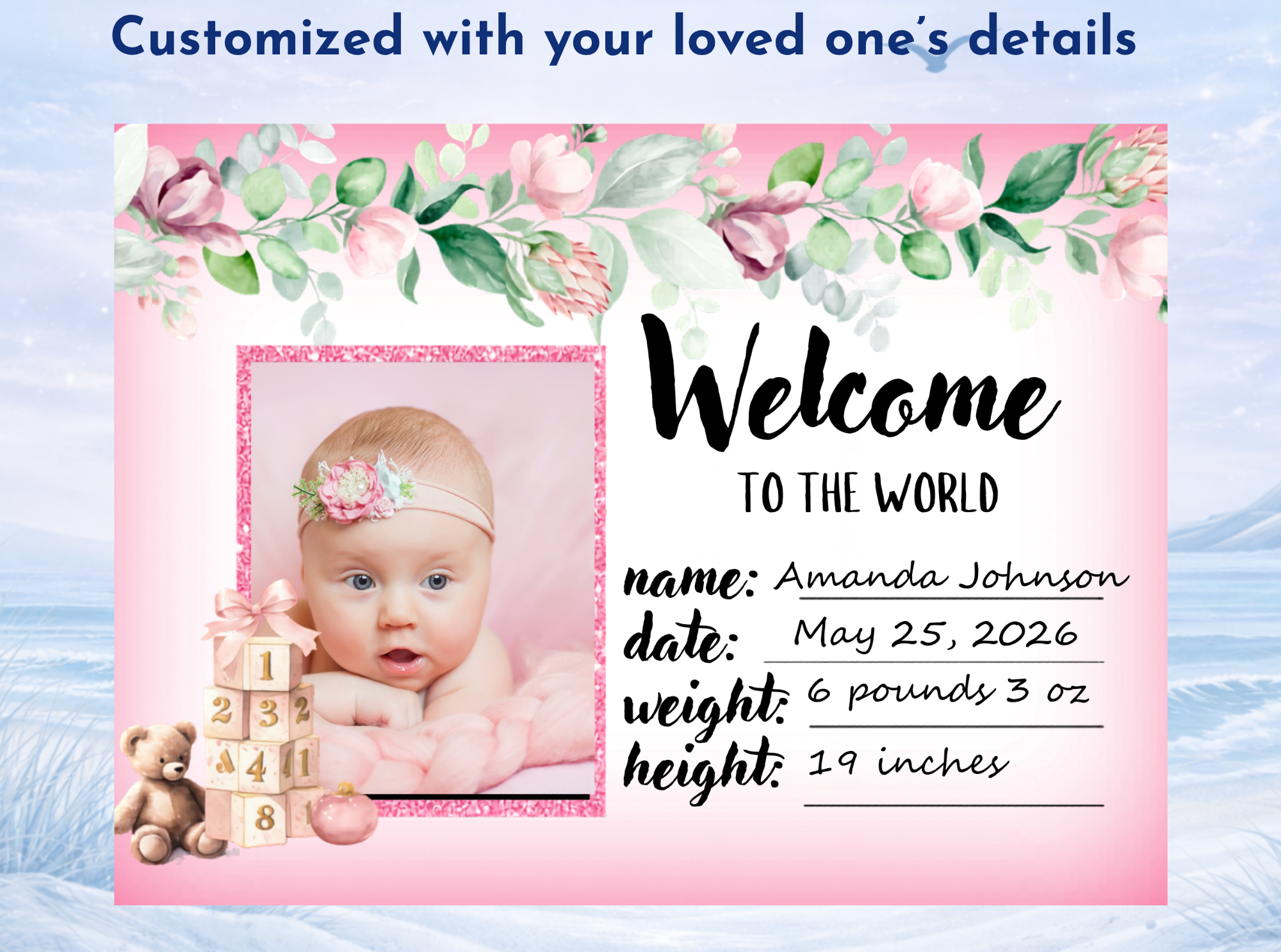 newborn baby girl keepsake slate with stats