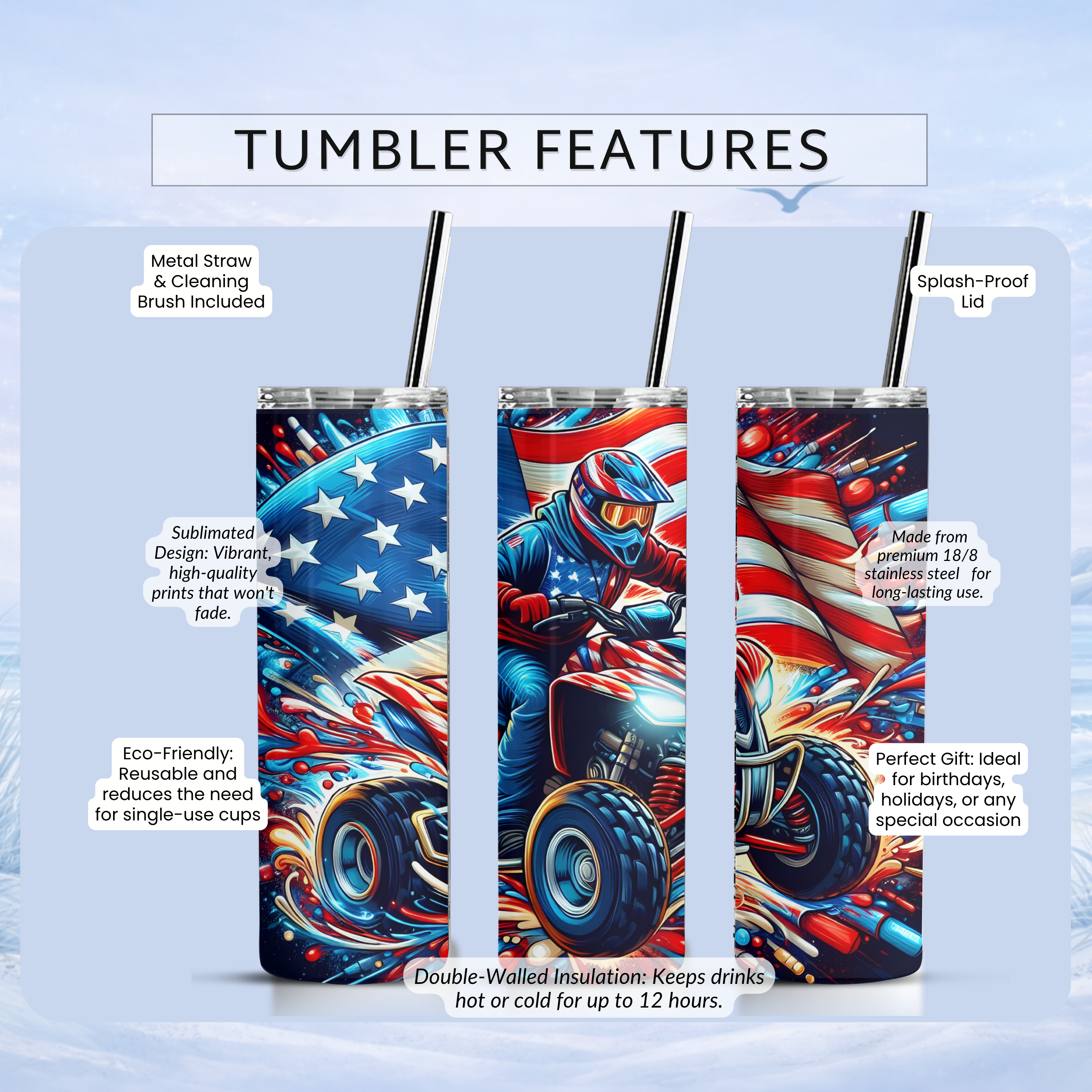off road ATV patriotic tumbler red white blue design
