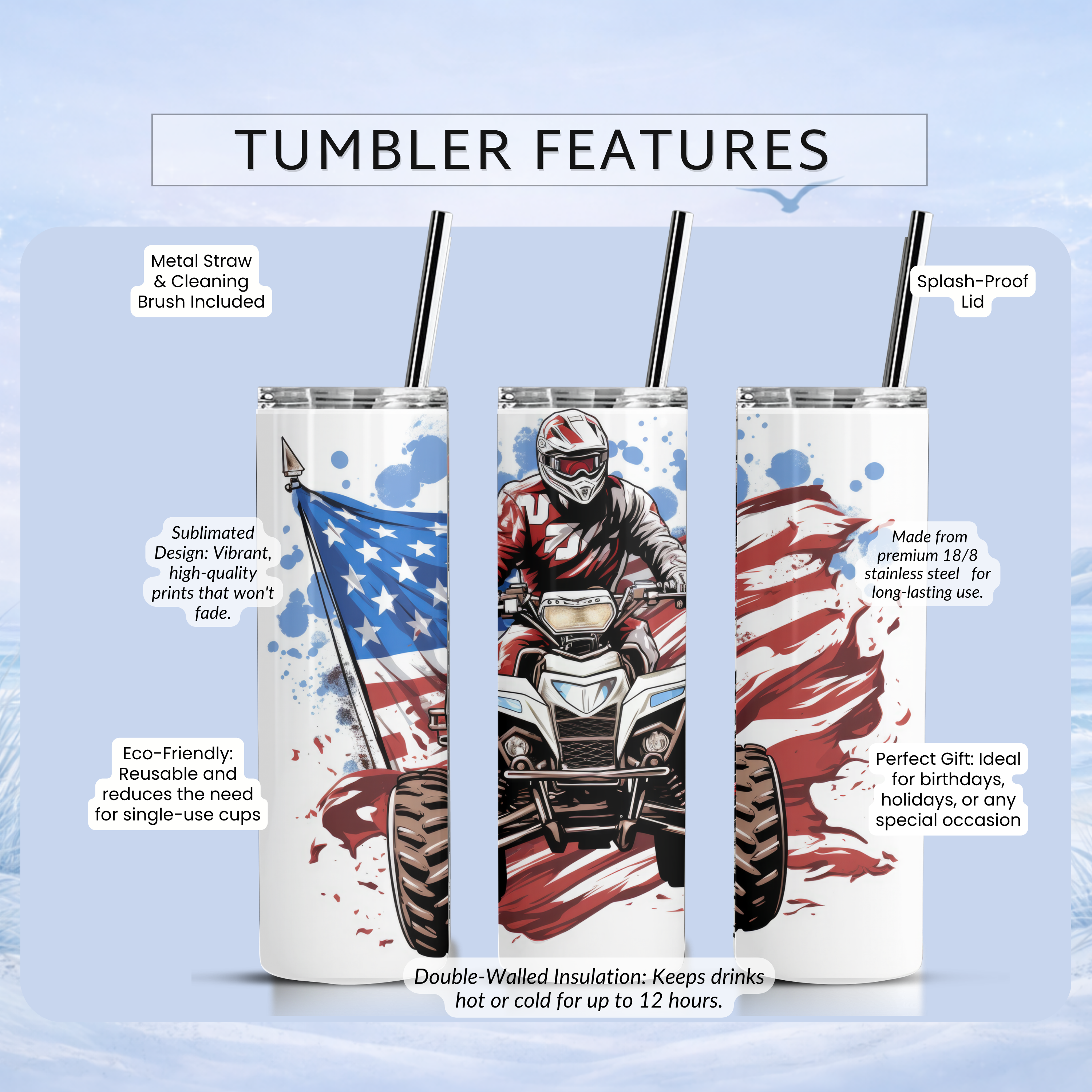 off road ATV patriotic tumbler red white blue design