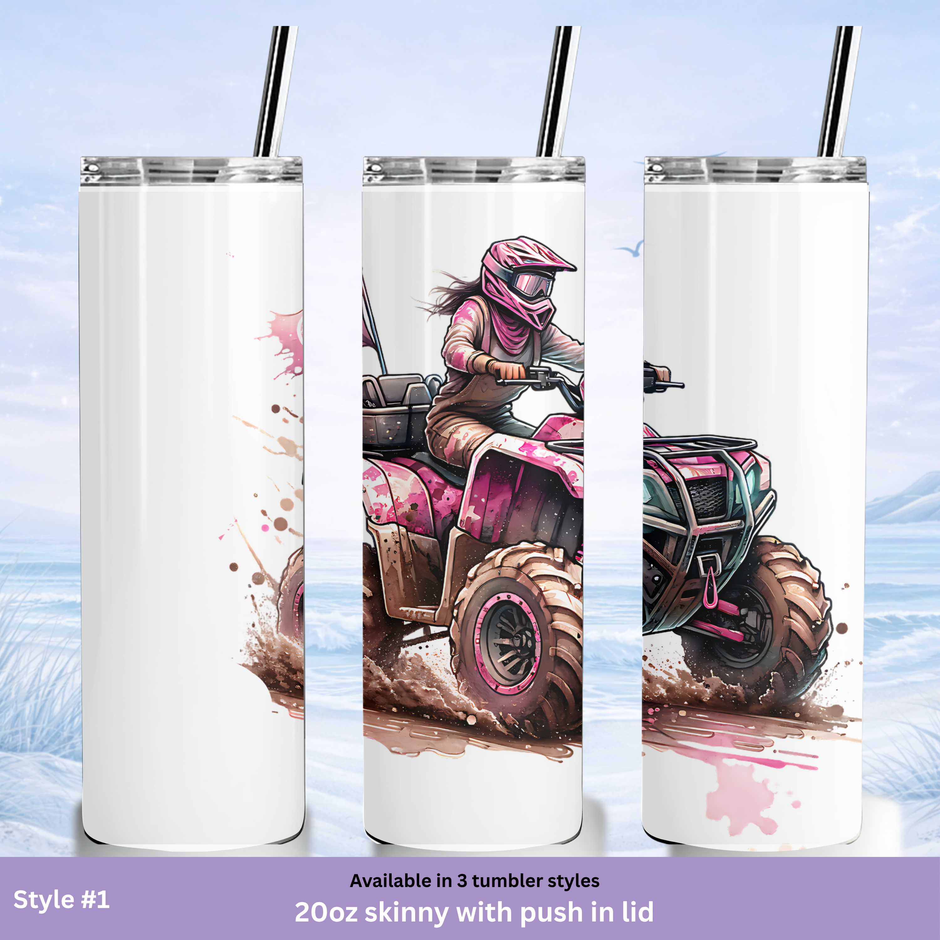 off road ATV tumbler female rider pink quad design