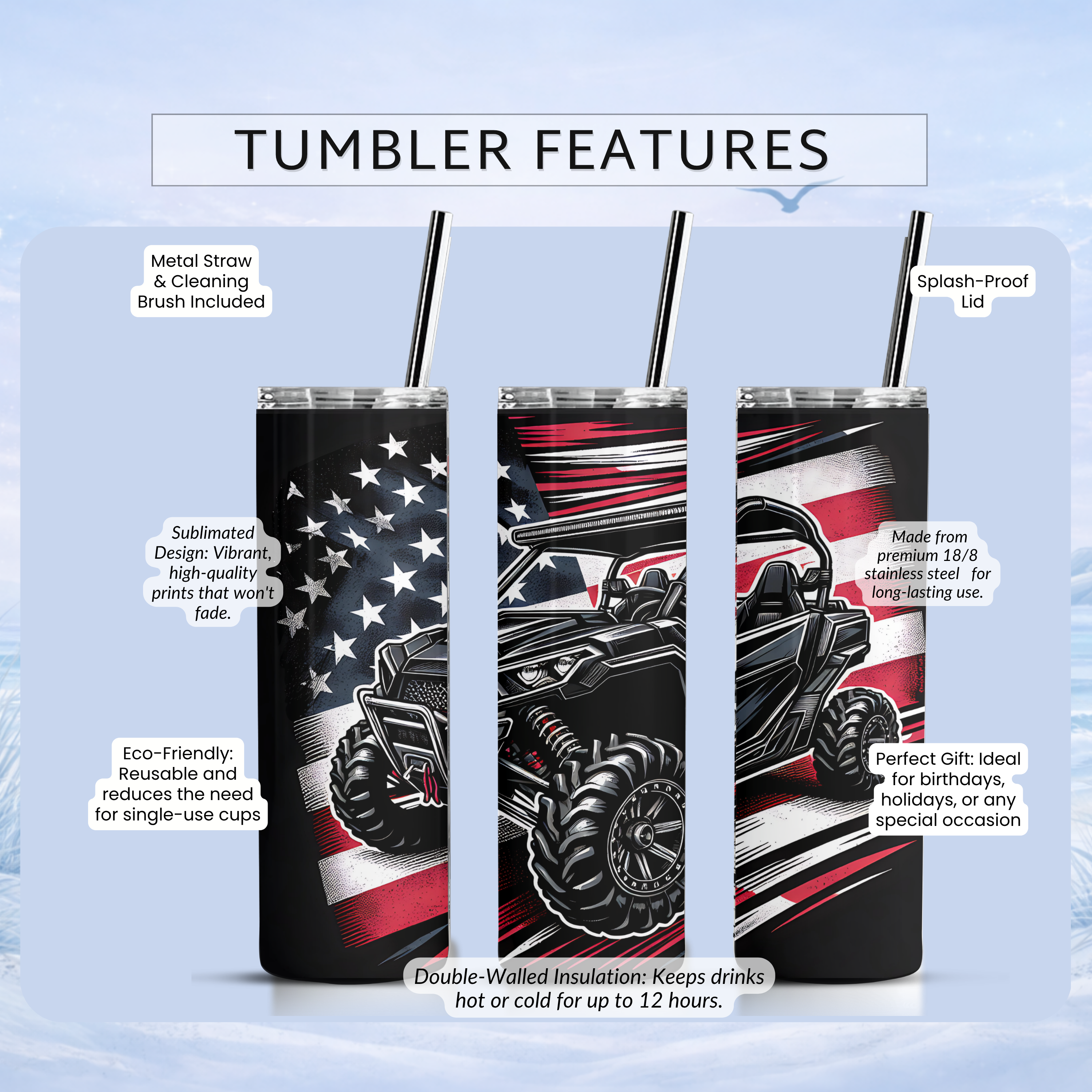 off road UTV patriotic tumbler red white blue design. water bottle