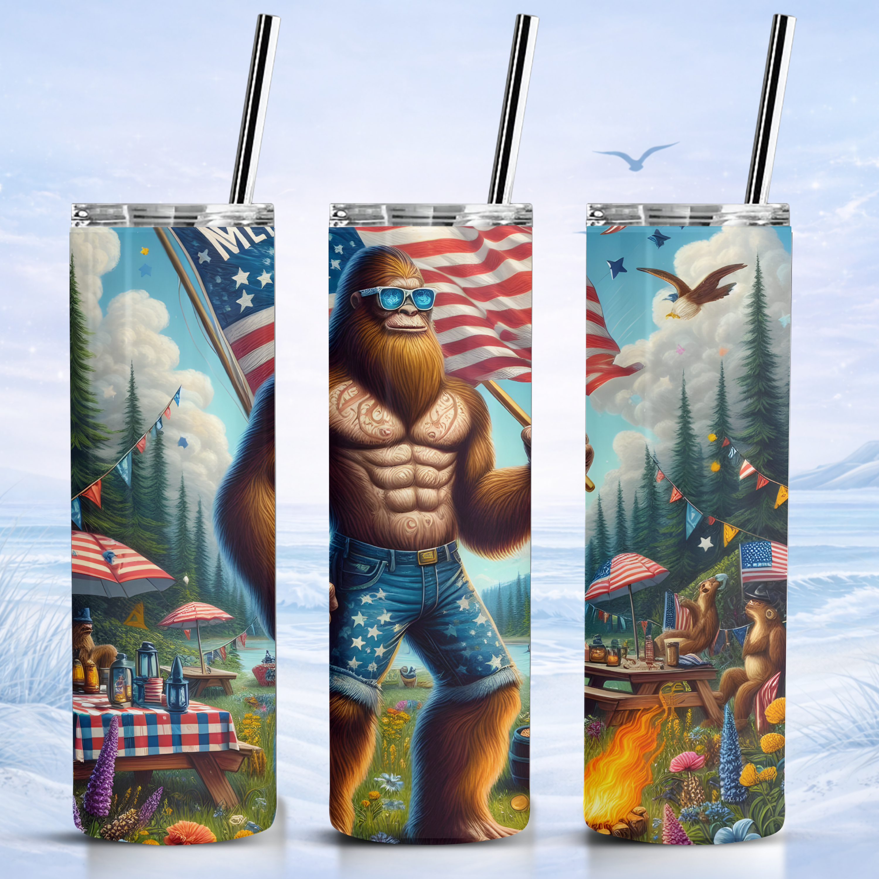 patriotic bigfoot tumbler camping scene usa flag
