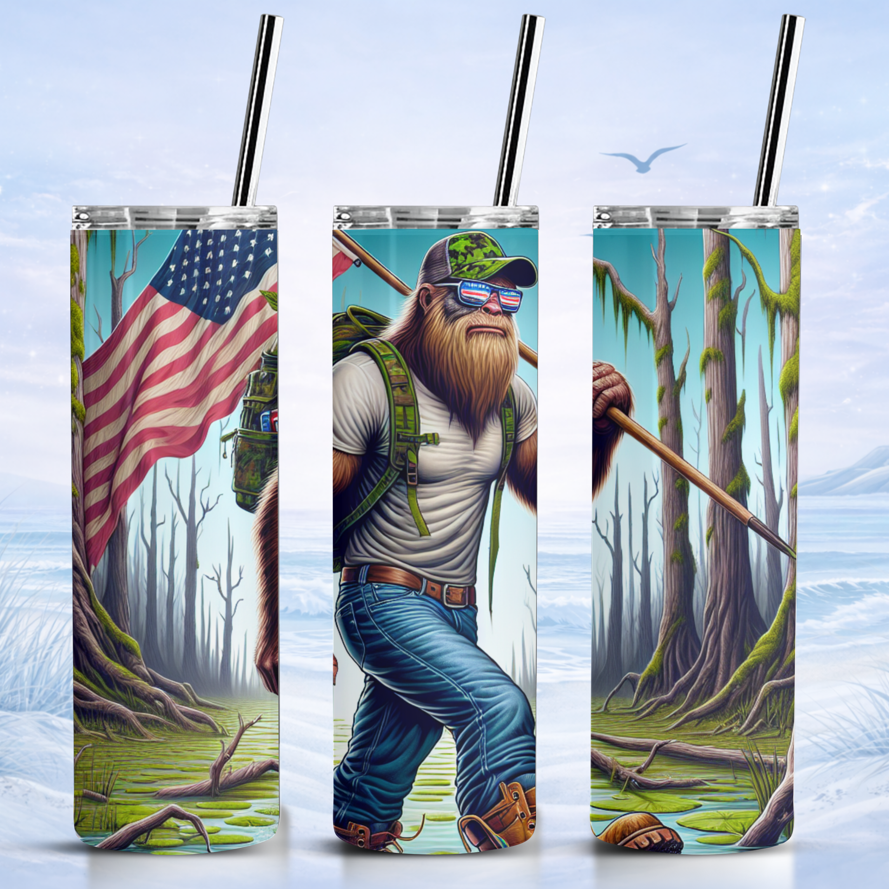 patriotic bigfoot tumbler hiking adventure design